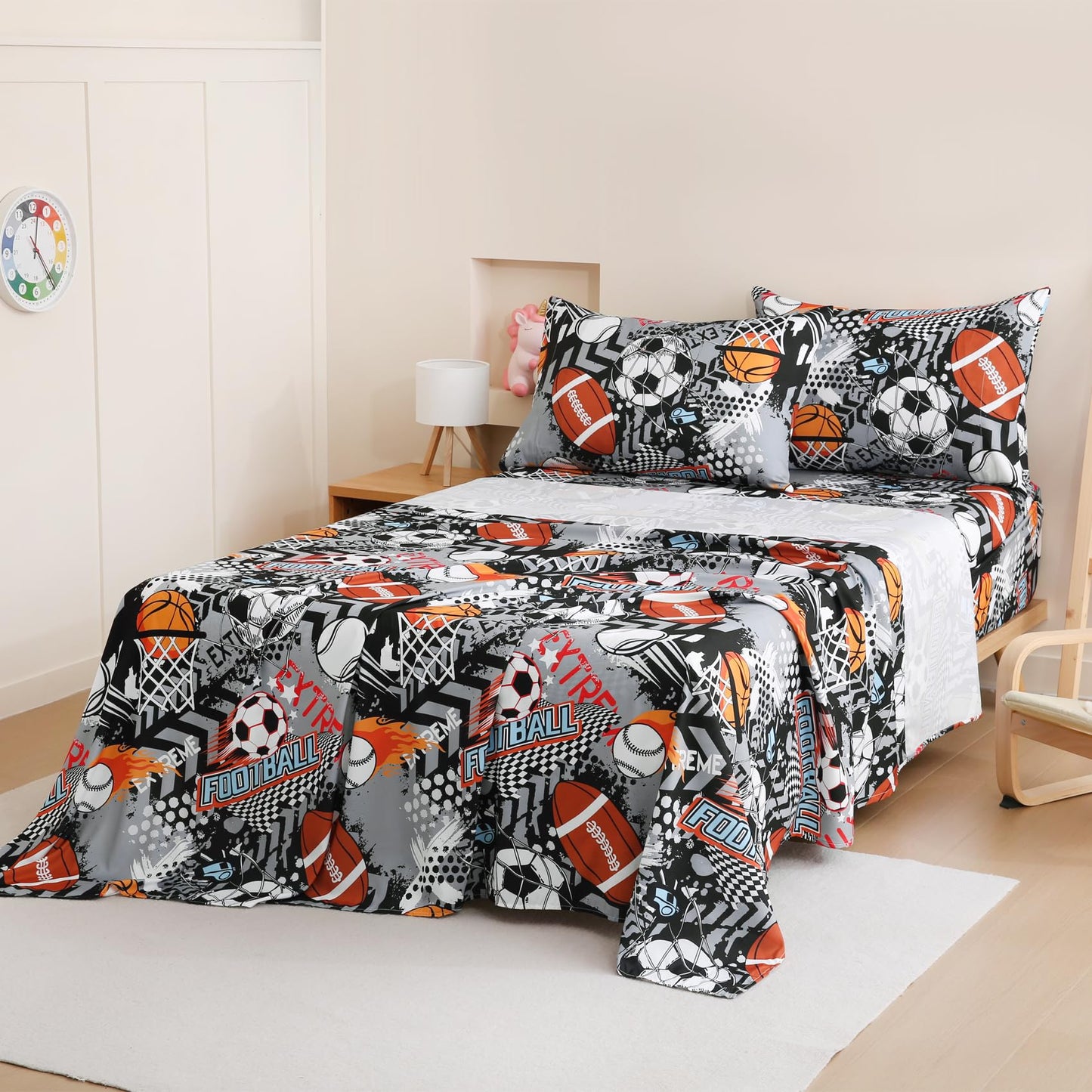Yibeizi Grey Sports Sheet Set for Boys Twin, Kids Football Basketball Baseball Print Bedsheets Microfiber Deep Pocket Cute Patterned Bed Sheet & Pillowcase Sets 3 Pieces