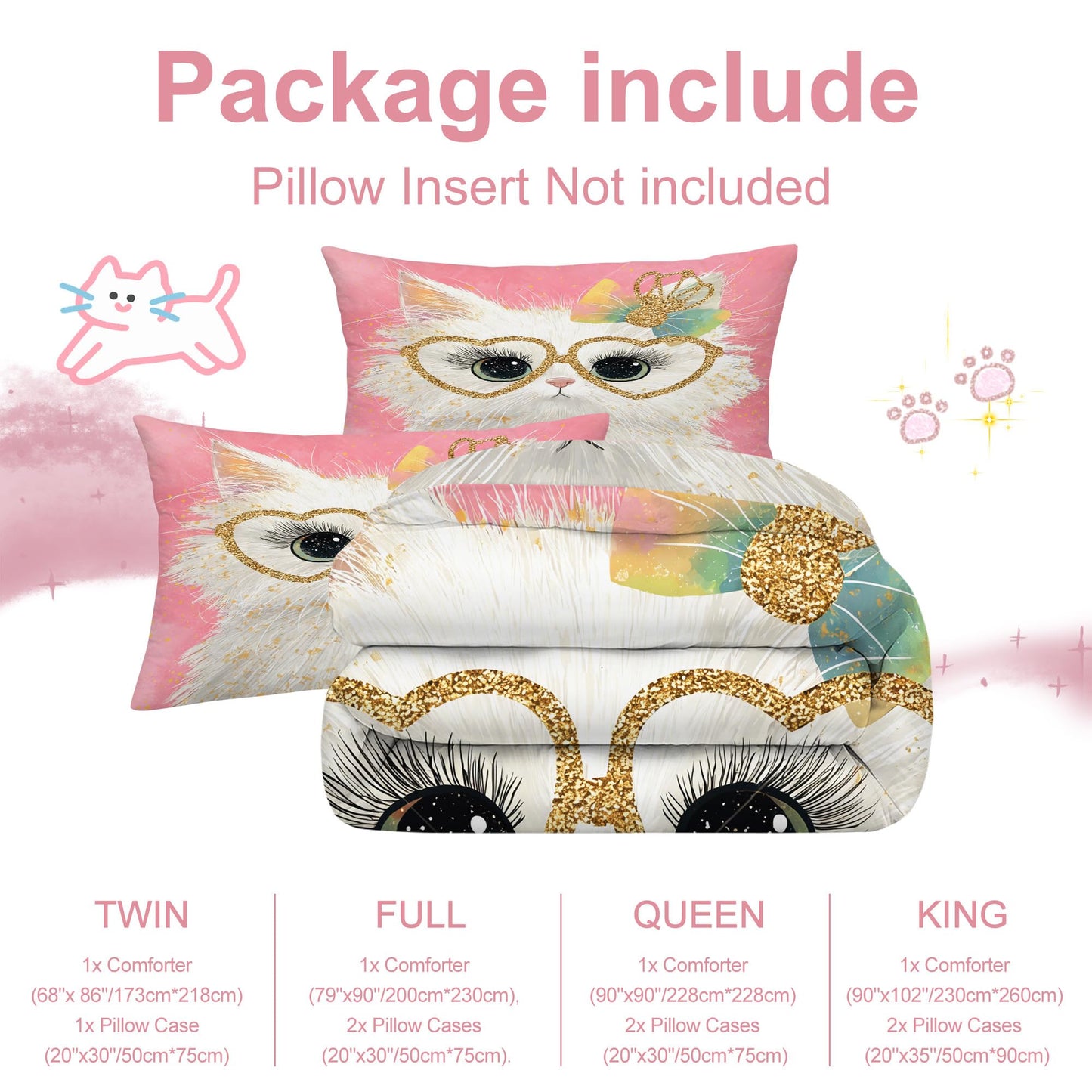 VTKON Cute White Cat Bedding Set Twin Size Pink Glitter Heart Glasses & Rainbow Bow Comforter Set Kawaii Cat Print Bed Set for Girls Bedroom Kitten Toddler Quilt Set with 1 Comforter + 1 Pillowcase