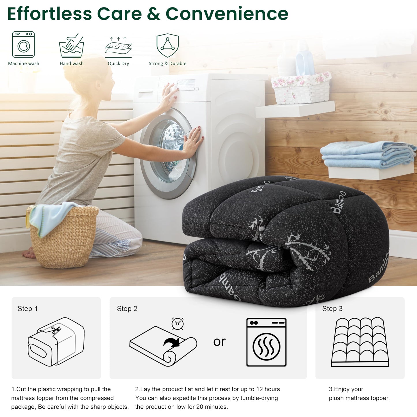 Love's cabin Twin Mattress Topper Viscose Derived from Bamboo, Thick Pillow Top Mattress Pad with Stretchable Pockets for 8"-20" Mattress, Breathable Cooling Mattress Topper for Hot Sleepers, Black