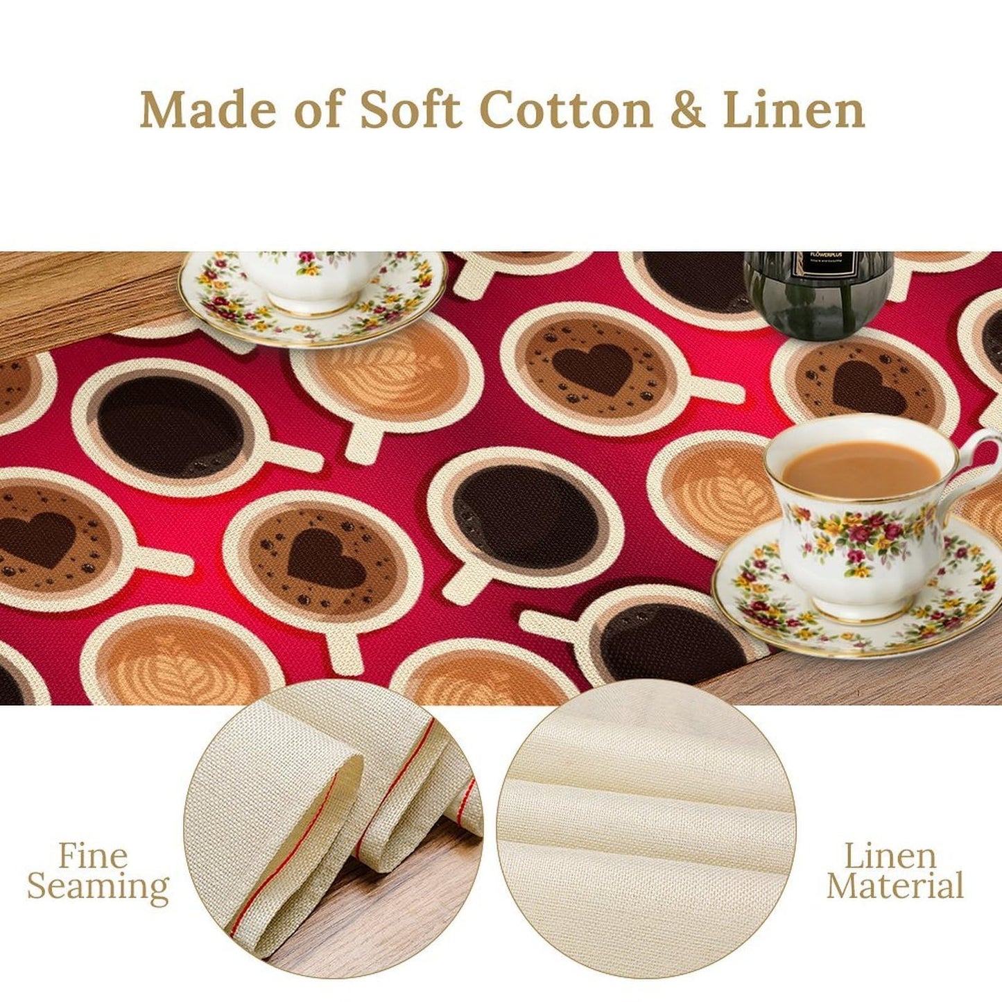 Coffee Cup Table Runner, Retro Coffee Time Latte Tea Party Modern Cafe Table Center Decor for Home Kitchen Dining Patio Holiday Party Table Decoration 13x36 inches