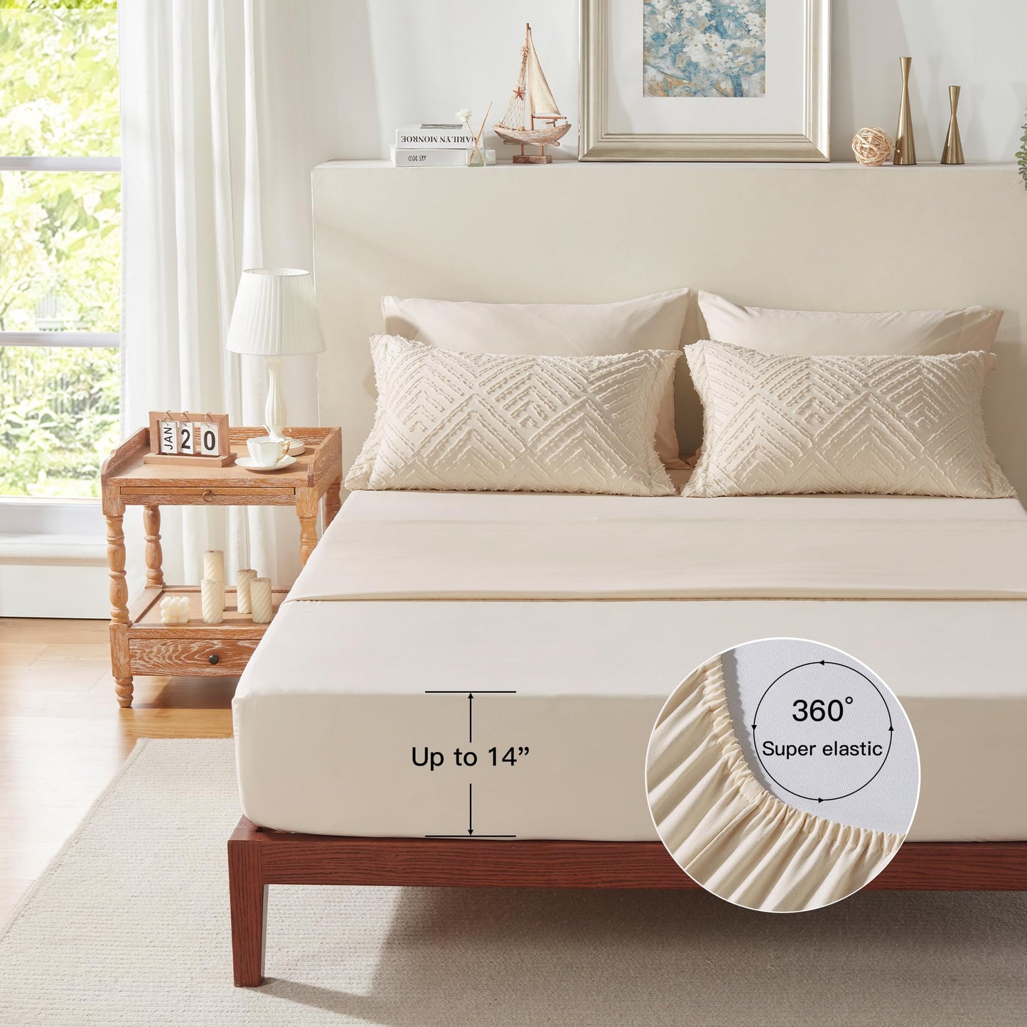 Zzlpp Queen Comforter Set 7 Pieces, Beige Bed in a Bag Queen Size, Tufted Boho Bedding Set with 1 Comforter, 2 Pillow Shams, 2 Pillowcases, 1 Flat Sheet, 1 Fitted Sheet