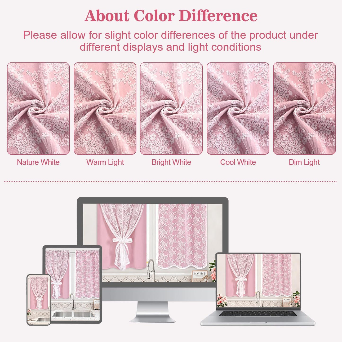 Yinhua Pink Kitchen Curtains 36 Inch Length Double Layer Blackout Cafe Curtains with Floral Sheer Overlay Rod Pocket Short Curtain for Windows, Small Window Curtain for Bathroom, Living Room, 2 Panels