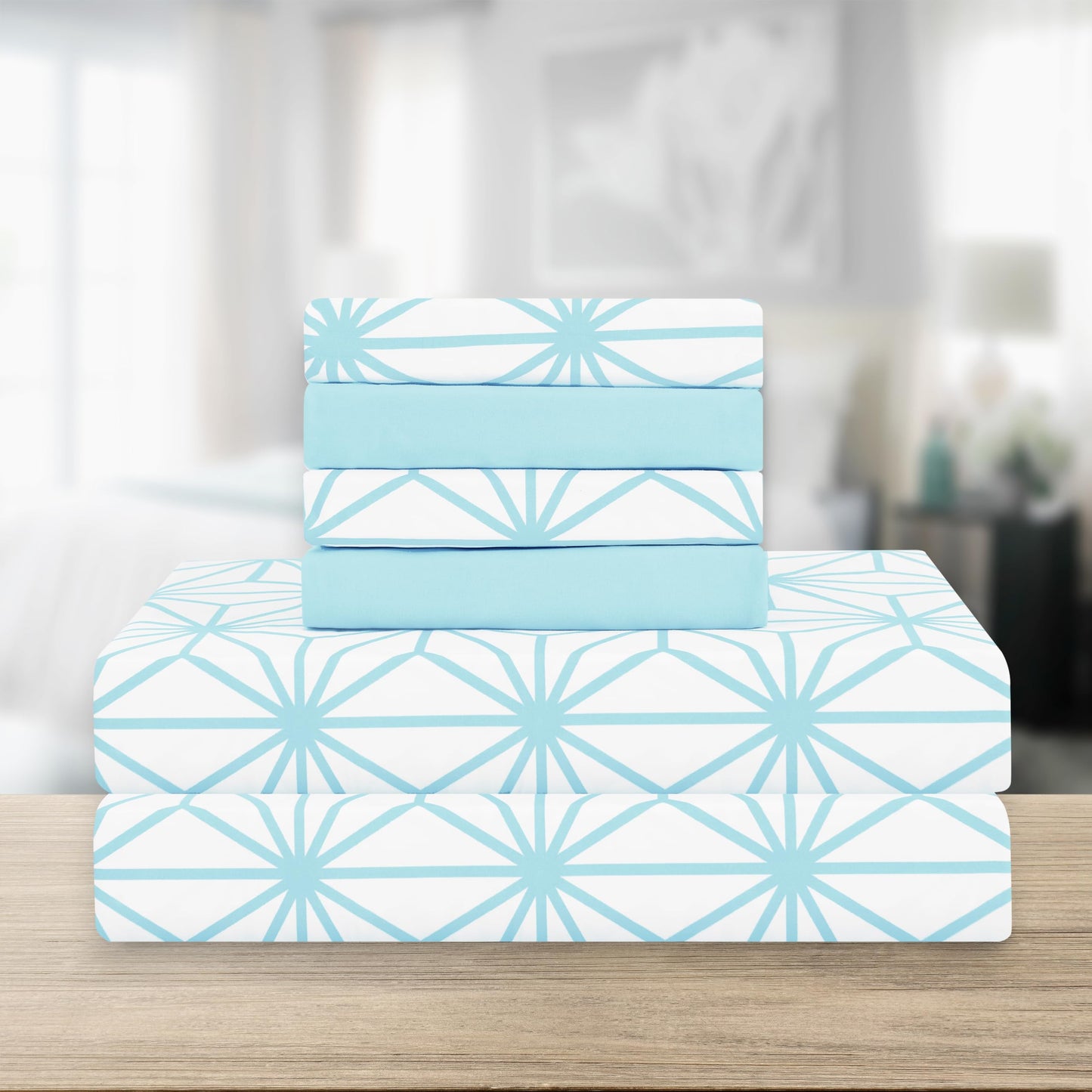 Elegant Comfort Luxury Soft 6-Piece Cube Geometric Pattern Sheet Set - 1500 Premium Quality Microfiber - Wrinkle and Fade Resistant Coziest Bedding Set, All Around Elastic Fitted Sheet, Full, Aqua
