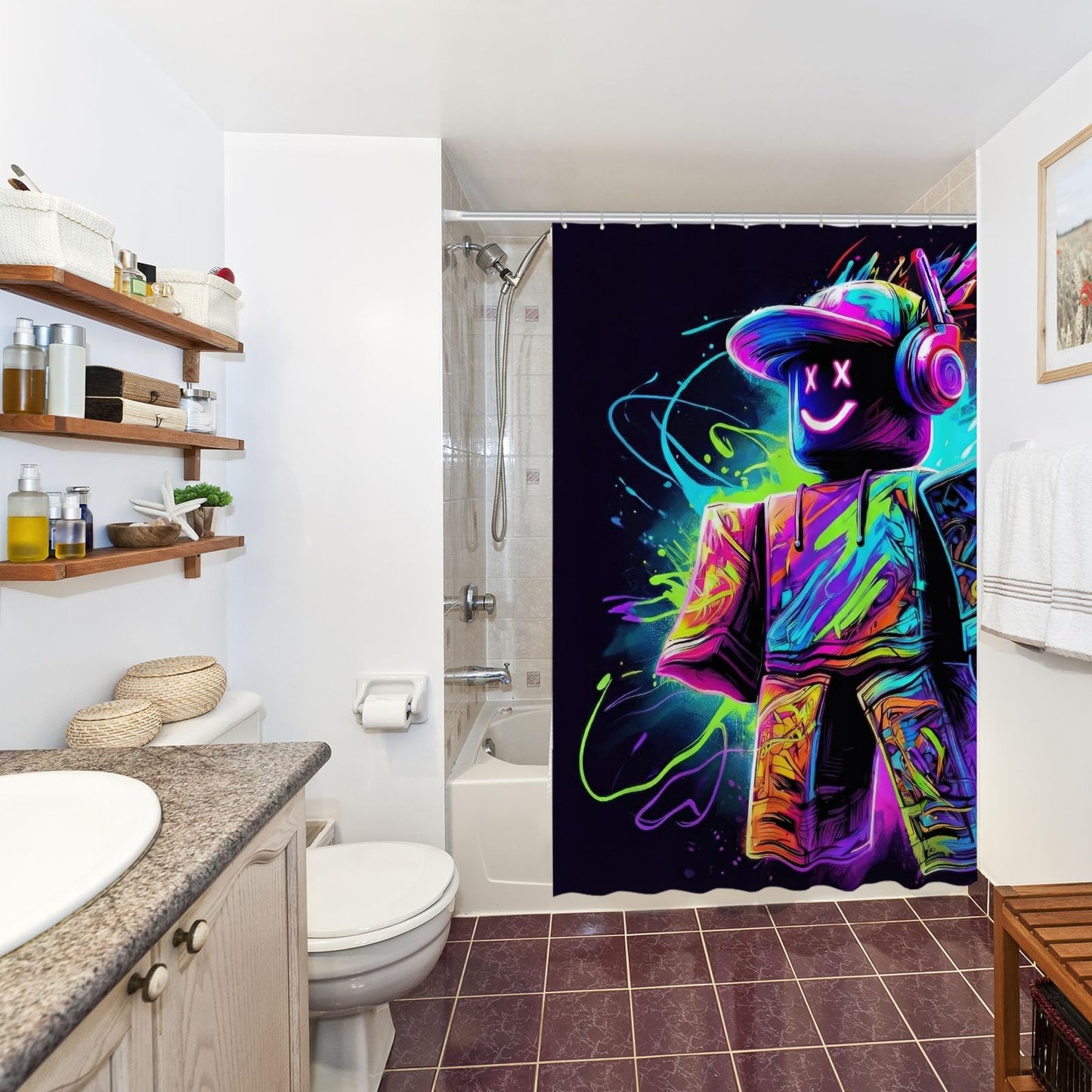 Funnytree Neon Game Shower Curtain 72"x72" - Waterproof Fabric Bathroom Decor for Teen Boys Girls Boyfriend Girlfriend, Easy Care Washable (Hooks Not Included)