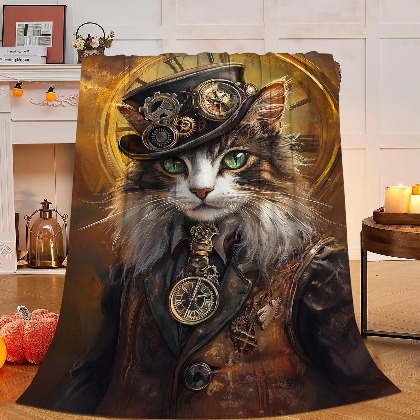 Cat Blanket, Steampunk Throw Blanket, Cats Gifts, Steampunk Blankets, Cats Stuff Fleece Flannel Plush for Women Men Boys Girls Lovers Adults Soft Bedding for Sofa Bed Office Home Decor 40"X50"