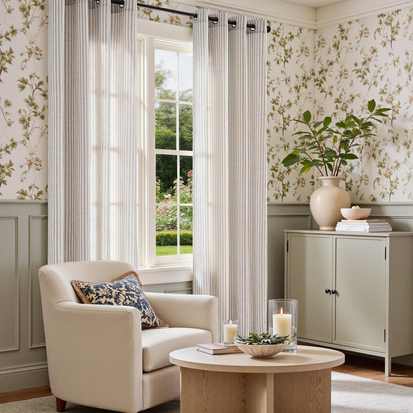 Vangao Linen Striped Curtains for Living Room Bedroom Farmhouse Tickingstripe Light Filtering Window Curtains Printed Drapes Grommet Top 2 Panels Grey W50 x L63 Inch