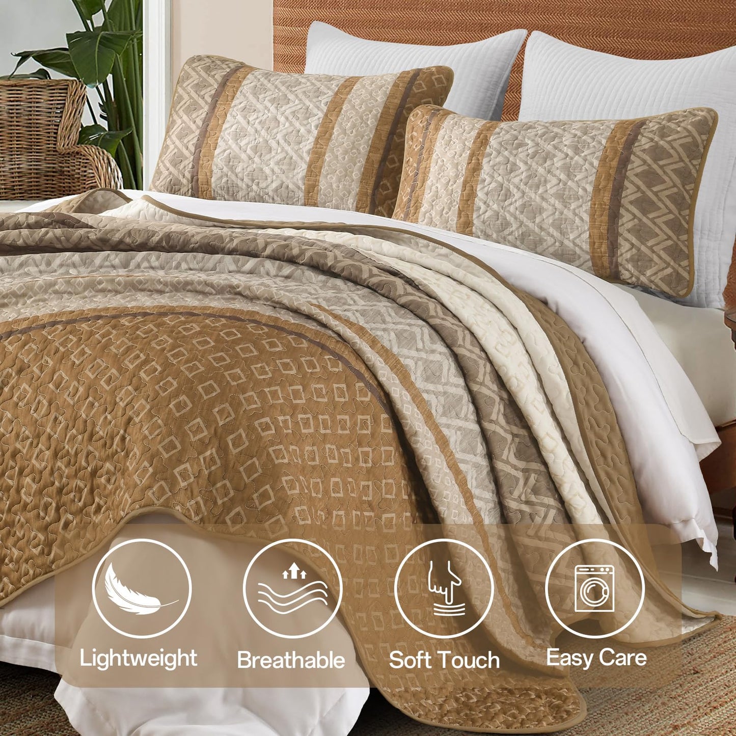 Dinjoy Boho Queen Quilt Set, Striped Bedspread Queen Size, Light Brown Bedding Sets 3 Pieces Micofiber Lightweight Quilts with 2 Pillow Shams Coverlet Bed Sets for Women Men 96''x90''