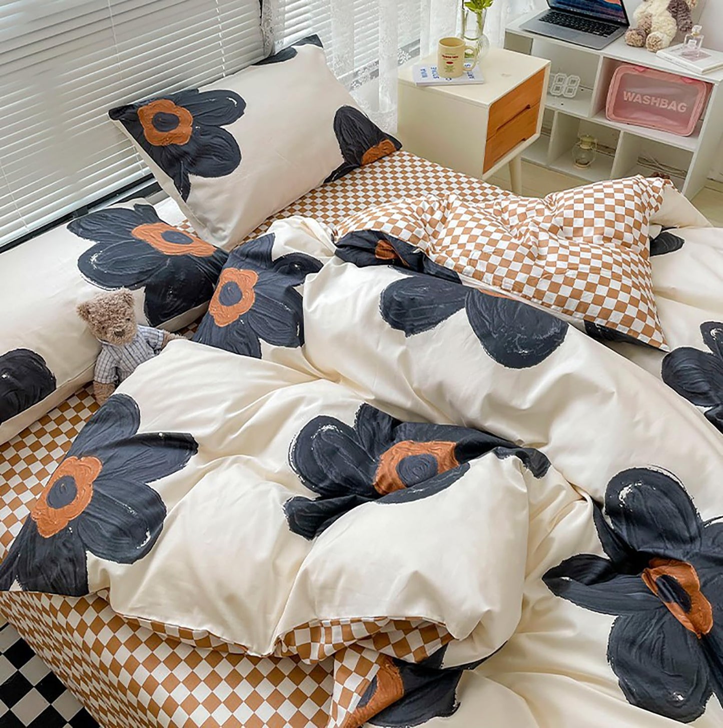 Luxlovery Boho Floral Comforter Set Queen Women Girls Black Sunflower Bedding Comforter Set Botanical Blanket Quilts Cute Beige Black Blossom Bedding Set for Queen Bed
