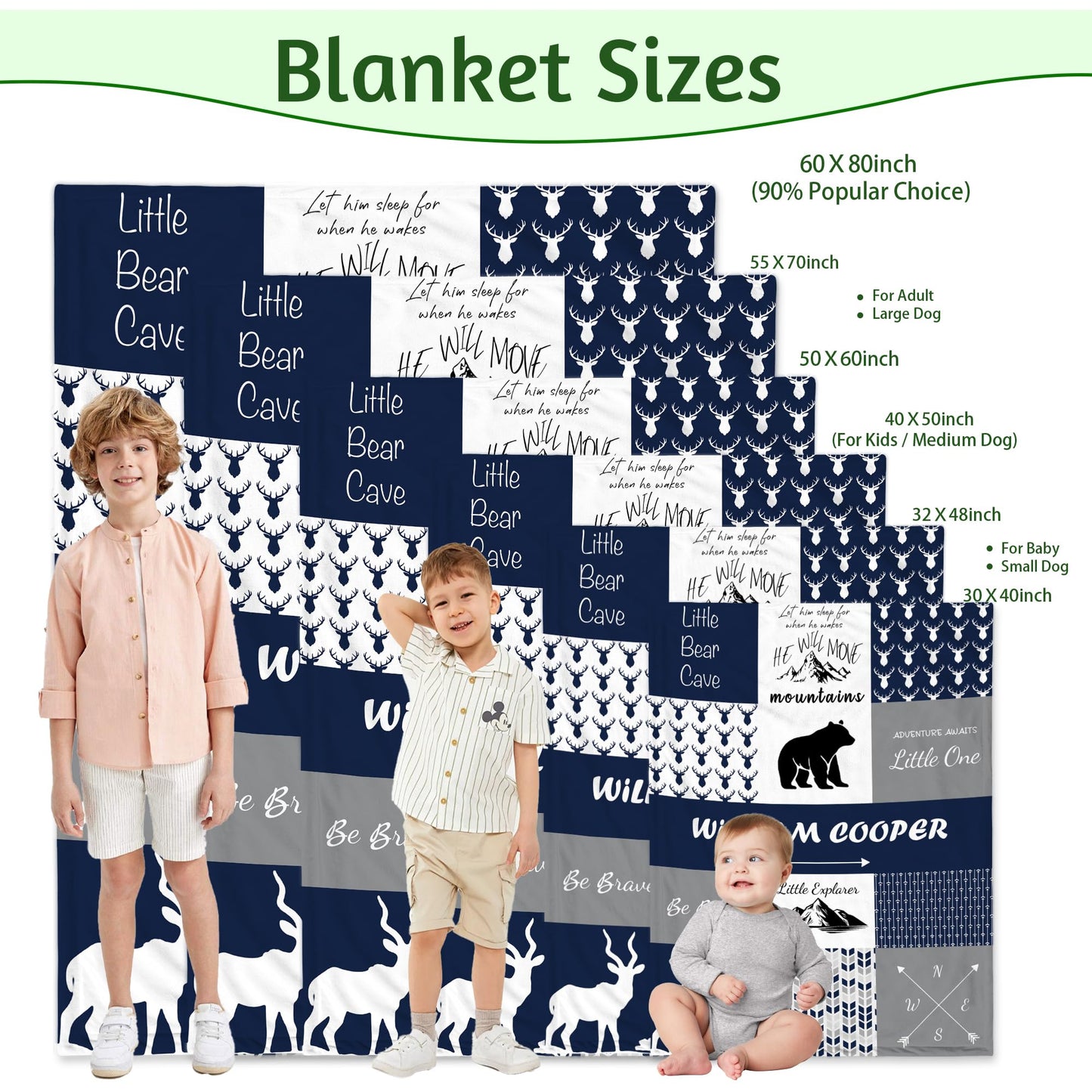 Personalized Baby Blankets for Boys, Custom Woodland Kids Blanket with Name, Soft Throw Receiving Blankets for Newborn Nursery, Customized Baby Shower Christmas Birthday Gifts