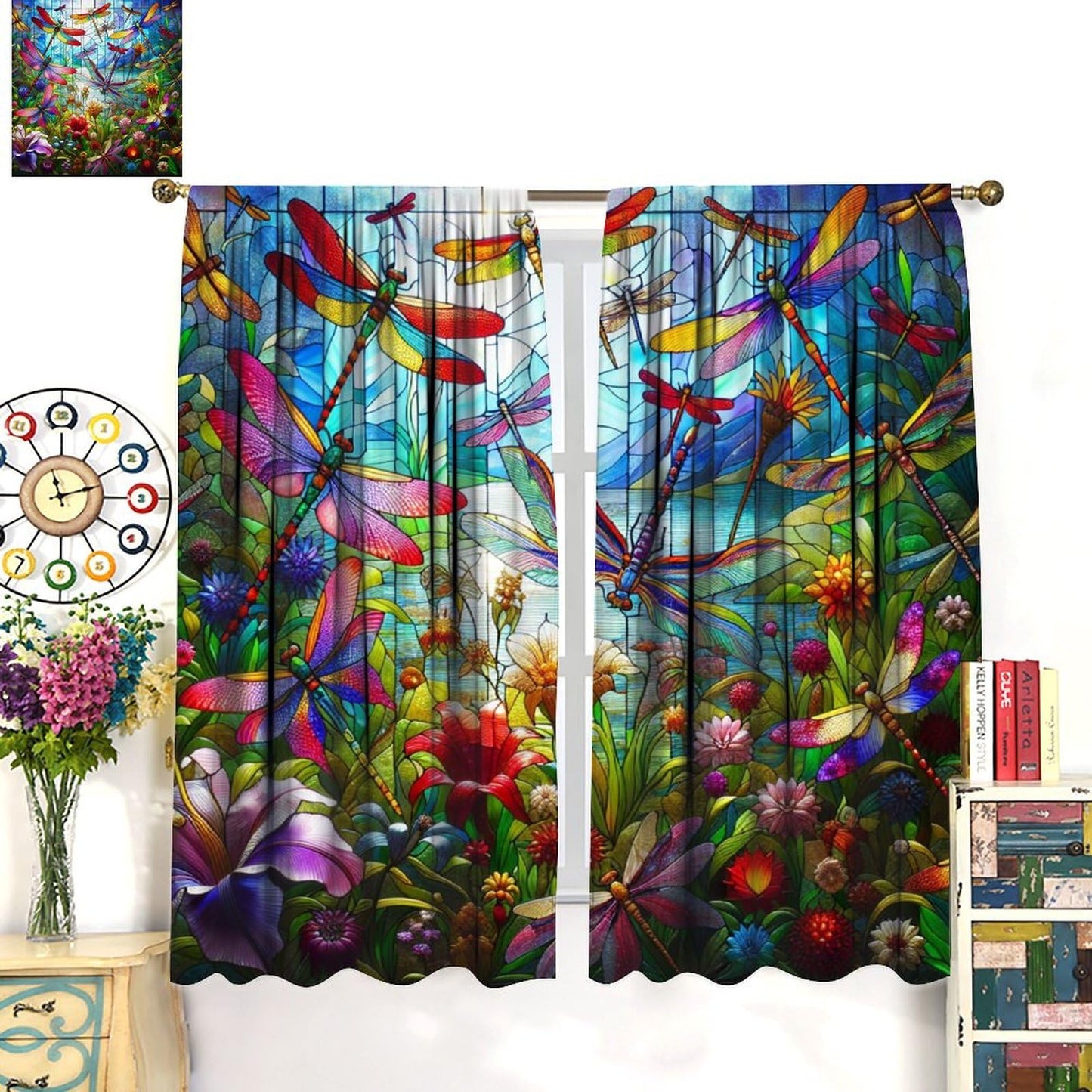 FengMingRui Dream Stained Glass Curtains Dragonfly Flowers Fantasy Nature Scenery Floral Blackout Window Treatments for Kids Boys Girls Bedroom Living Room Window Drapes 42" W X 45" L