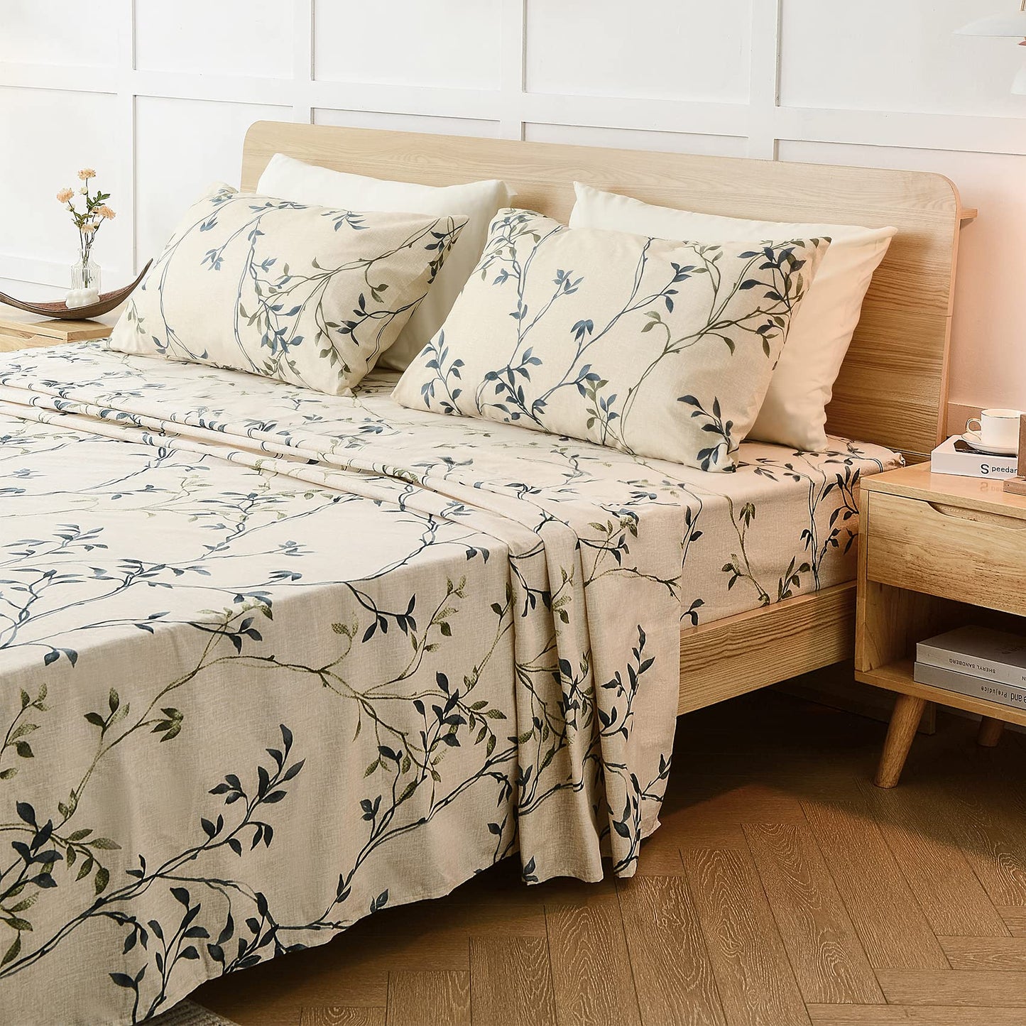 JSD 6 Piece Rustic Leaves Printed Sheet Set King Size, Soft Botanical Pattern Microfiber Sheets Extra Deep Pocket