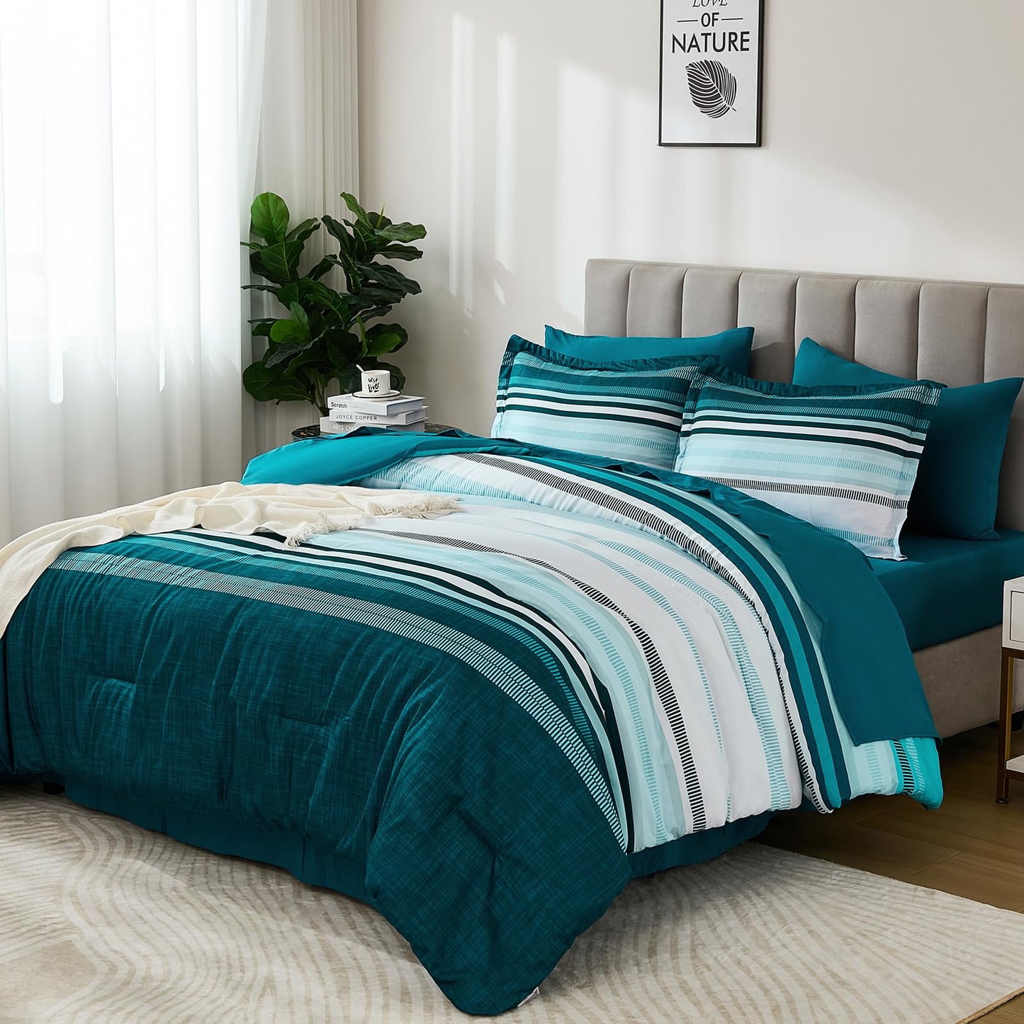 Dobuyly Teal Queen Comforter Set 7 Pieces, Blue Boho Striped Bed in a Bag Queen Size Soft Microfiber All Season Bedding Set with Comforter, Sheets, Pillowcases & Shams