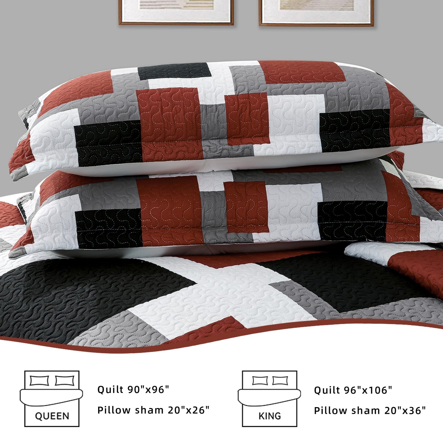 Tyrot 3 Piece Burnt Orange Grey Quilt Set King Size Black White Gray Geometric Reversible Bedding Set Microfiber Lightweight Bedspread Coverlet with 2 Shams Bed Covers for All Season, 106''x96''