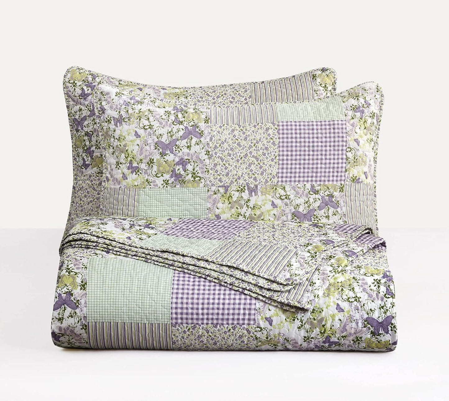 Chezmoi Collection Daisy 3-Piece Printed Patchwork Quilt Set - Purple Butterfly Botanical Candy Stripe Checkered Coverlet - Pre-Washed Microfiber Lightweight Reversible Bedspread, Full Size