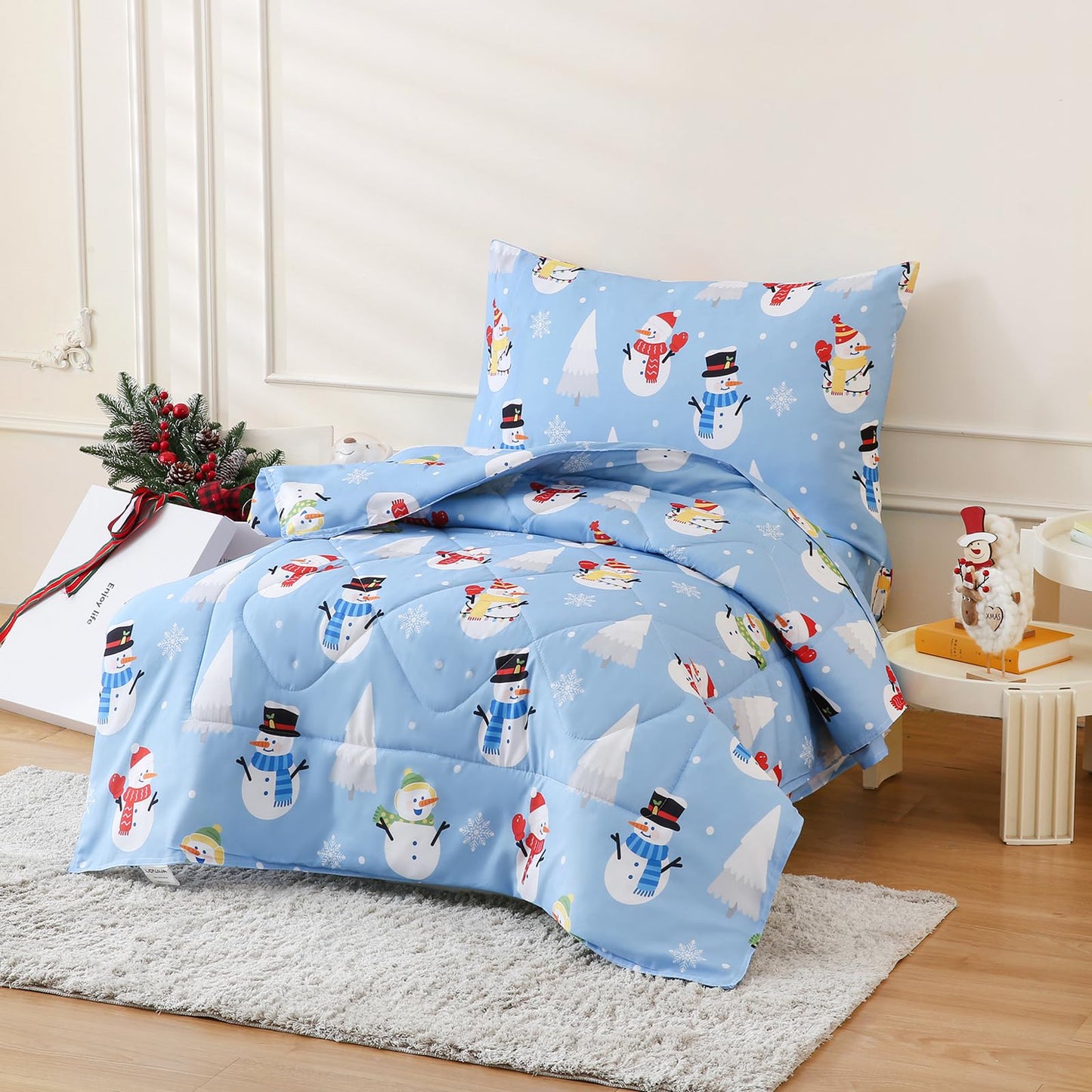LONAVA Winter Toddler Kids Comforter Set - 4 Pieces Toddler Bedding Sets for Boys Girls Children, Ultra Soft Microfiber Bed in A Bag with Flat Fitted Sheets, Snowman