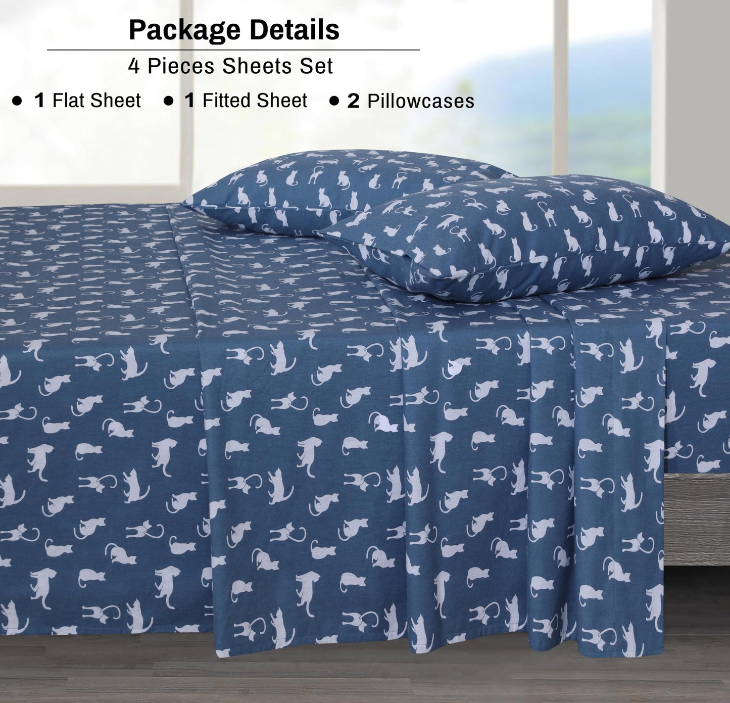 ZOYER Flannel Sheets Queen Size - 100% Cotton Double Brushed Bed Sheets, Deep Pockets 16 Inches Queen Sheet Set, All Seasons Breathable & Extra Soft - Warm & Cozy, 4 Piece, White Cat