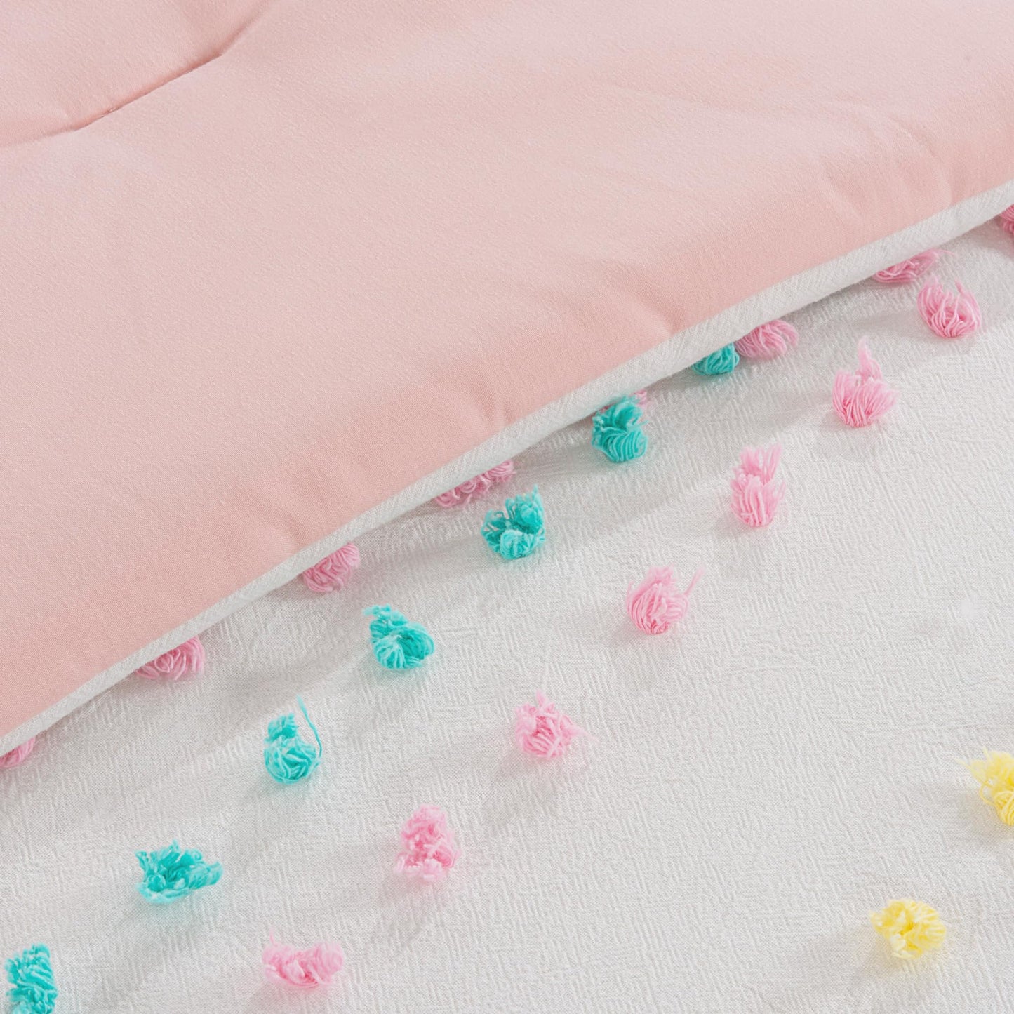 HOMBYS Tufted Pom Poms Bedding Comforter Set for Girls, 3 Piece White Boho Jacquard Kids Comforter Set for All Season,Twin/Twin XL Size