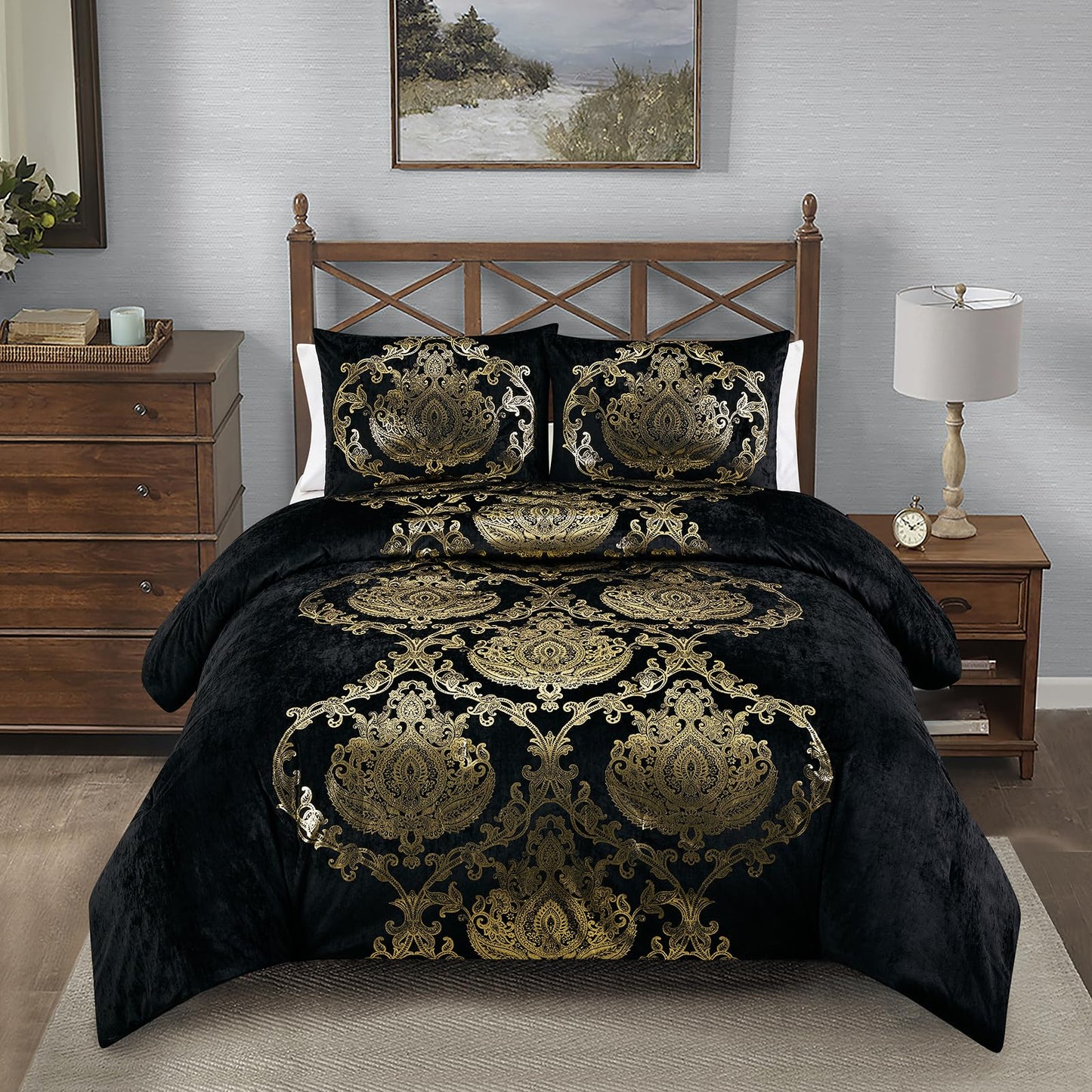Sunshine Nicole Metallic Print Comforter Set, Distressed Velvet Face with Metallic Foil Print and Brushed Solid Microfiber Reverse, with Light Weight Soft Poly Fill, 3 Pieces Black Gold, Queen