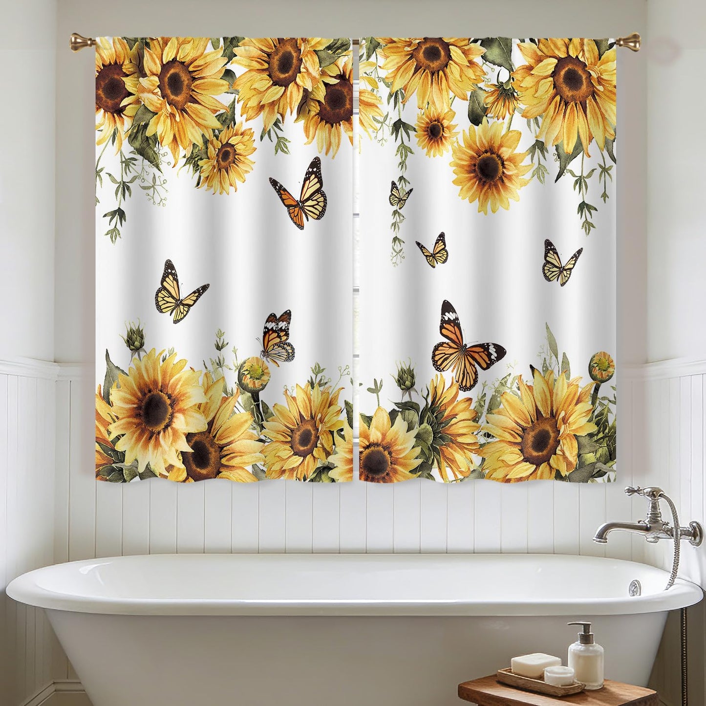 Cizuug Sunflower Yellow Floral Kitchen Curtain Rustic Country Flower Butterfly Farmhouse Over Sink Small Short Cafe Tier Bright Window Drapes Bathroom Home Decor 2 Panels