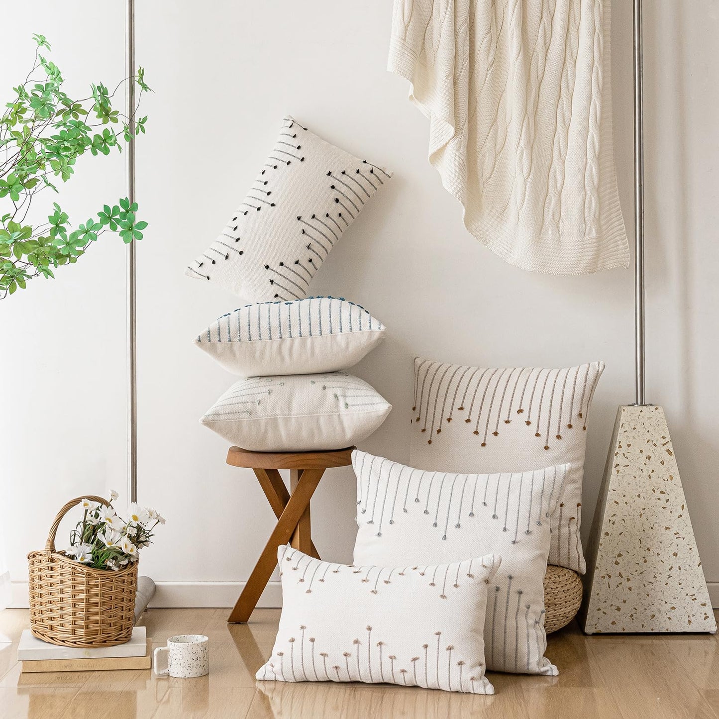 LILEPOY Boho Throw Pillow Covers 18x18 Set of 2 Neutral Decorative Textured Cushion Case Farmhouse Pillowcase Modern Square Pillow Covers for Sofa,Couch, Living Room,Beige and Green