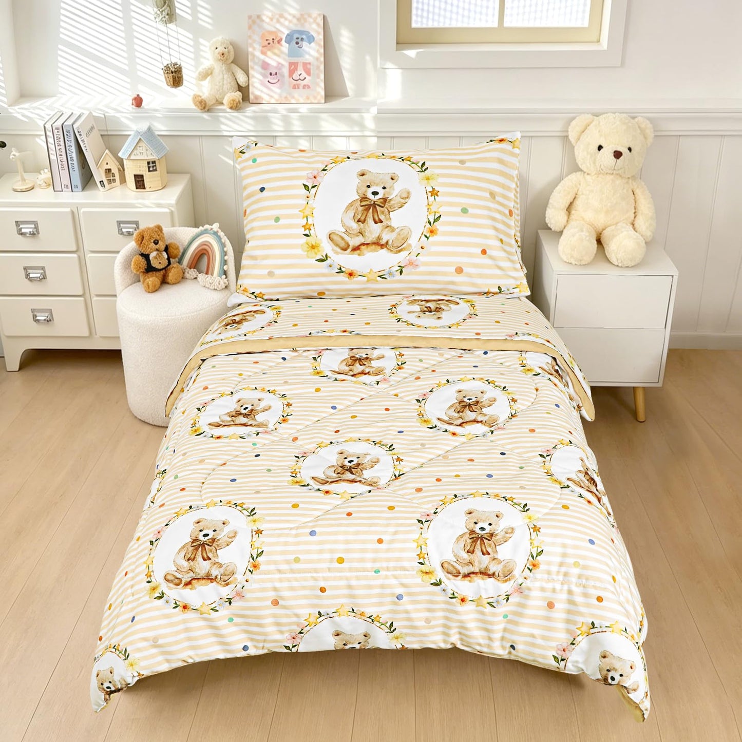 Hooyax Toddler Bedding Set 4-Piece with Polka Dot Bear Pattern – Cute Toddler Comforter Set for Girl – Includes Ultra-Soft Comforter, Fitted Sheet, Flat Sheet & Pillowcase for All Season