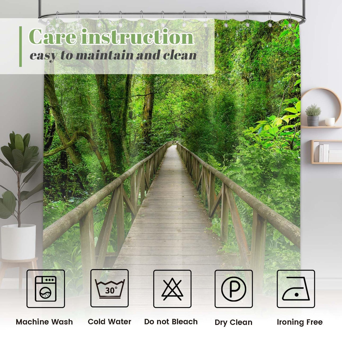 Pdvbiee Forest Wooden Bridge Shower Curtain, 70 X 72 Inch