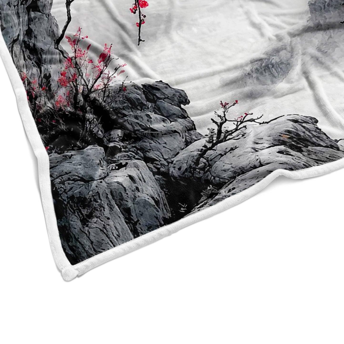 DYNH Japanese Cherry Blossom Throw Blanket, Asian Nature Landscape Mountain Cherry Branches Ink Painting Soft Warm Flannel Black White Grey Throw Blanket,50X60