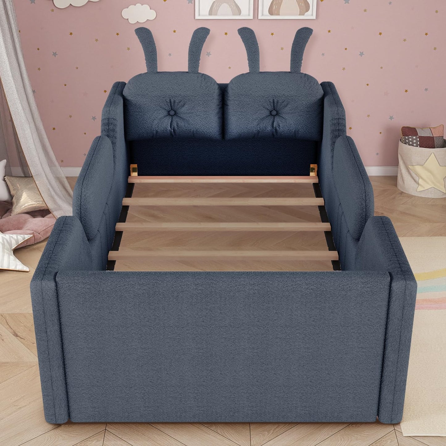 Duigonp Twin Size Kids Bed, Comfy Boucle Fabric Twin Daybed with Rabbit Cushions & Removable Side Rails, Upholstered Platform Bed, Cute Cozy Floor Bed for Girls, Boys, Teenager(Gray)