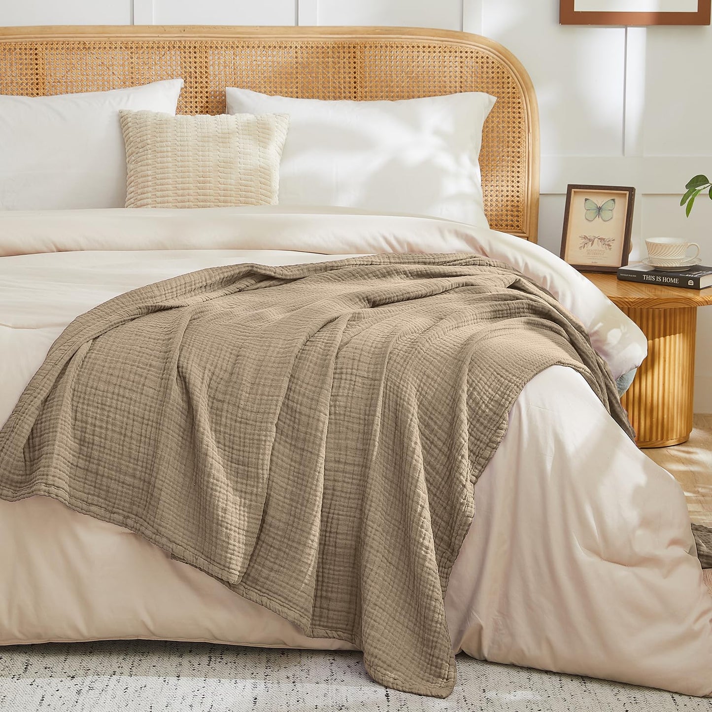 EMME Cotton Muslin King Blanket Bed Layering Bedspread Coverlet Breathable Gauze Soft Lightweight (Tan, 108"x90")