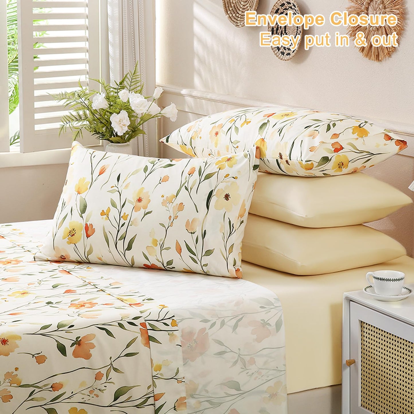 Botanical 6-Piece Full Size Sheets Set, Boho Floral Print Brushed Microfiber Sheets, Cooling Bed Sheet Set, Ultra Soft & Breathable, 16' Deep Pocket Fitted Sheet & Pillowcase Set, Beige Floral