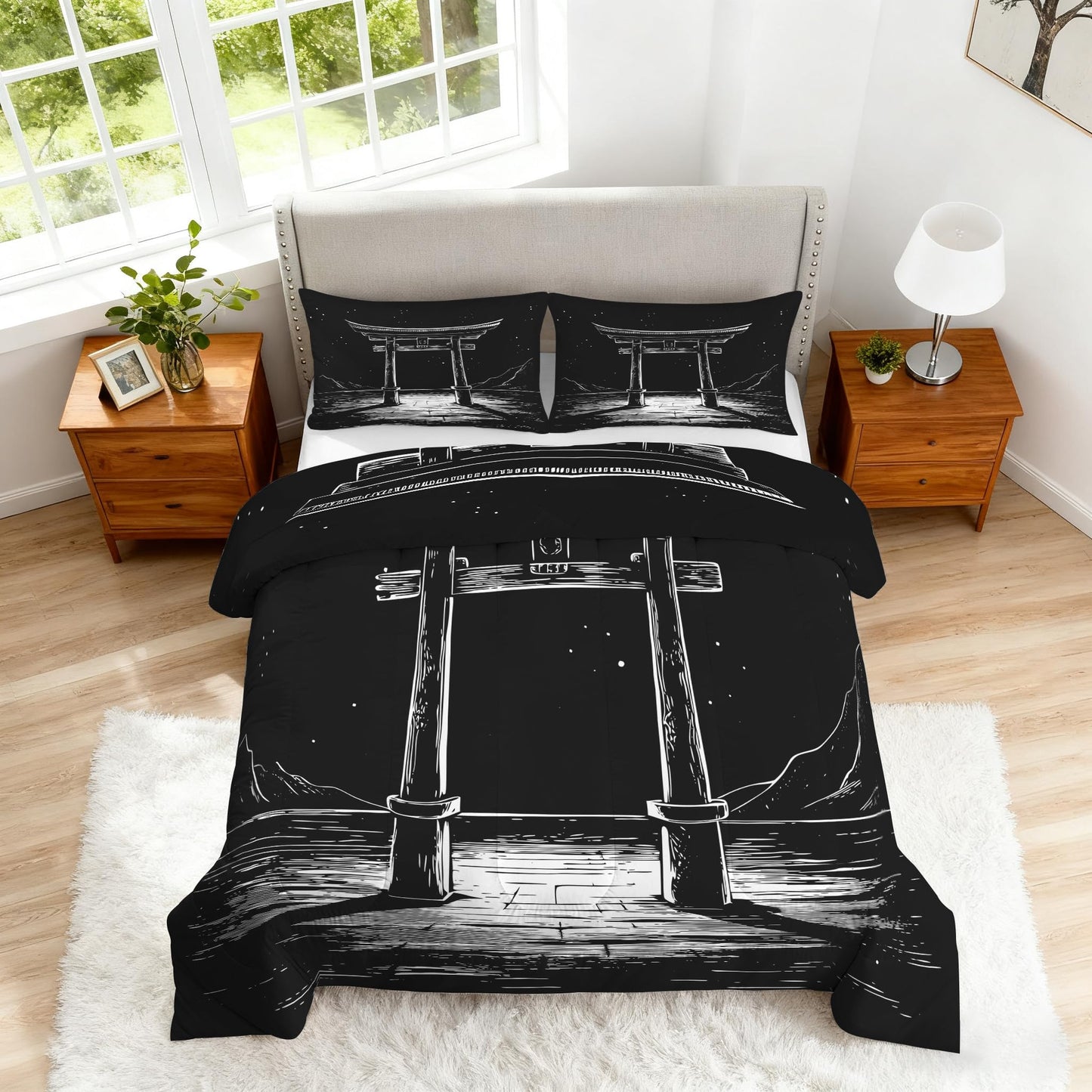 ZDABAOEC Japanese Twin Comforter Set 2 Piece, 1 Pillow Sham, Oriental Asian Japan Torii Gate Reversible Down Alternative All Season Bedding, Soft Microfiber, Japanese Bedroom Decor