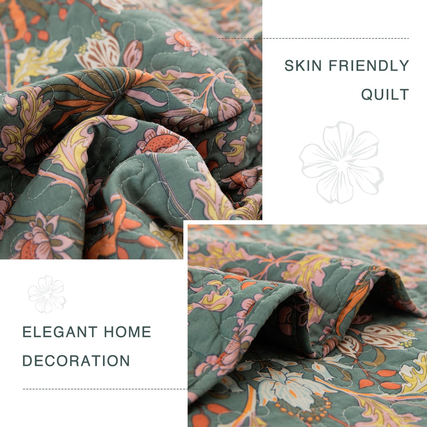 QSH 100% Cotton Oversized King Bedspread Set(128"x120")-3Pcs Floral Quilt Coverlet California King Size Luxury Paisley Flower Botanical Printed Bedspread Bedding Set Lightweight Soft for All Season