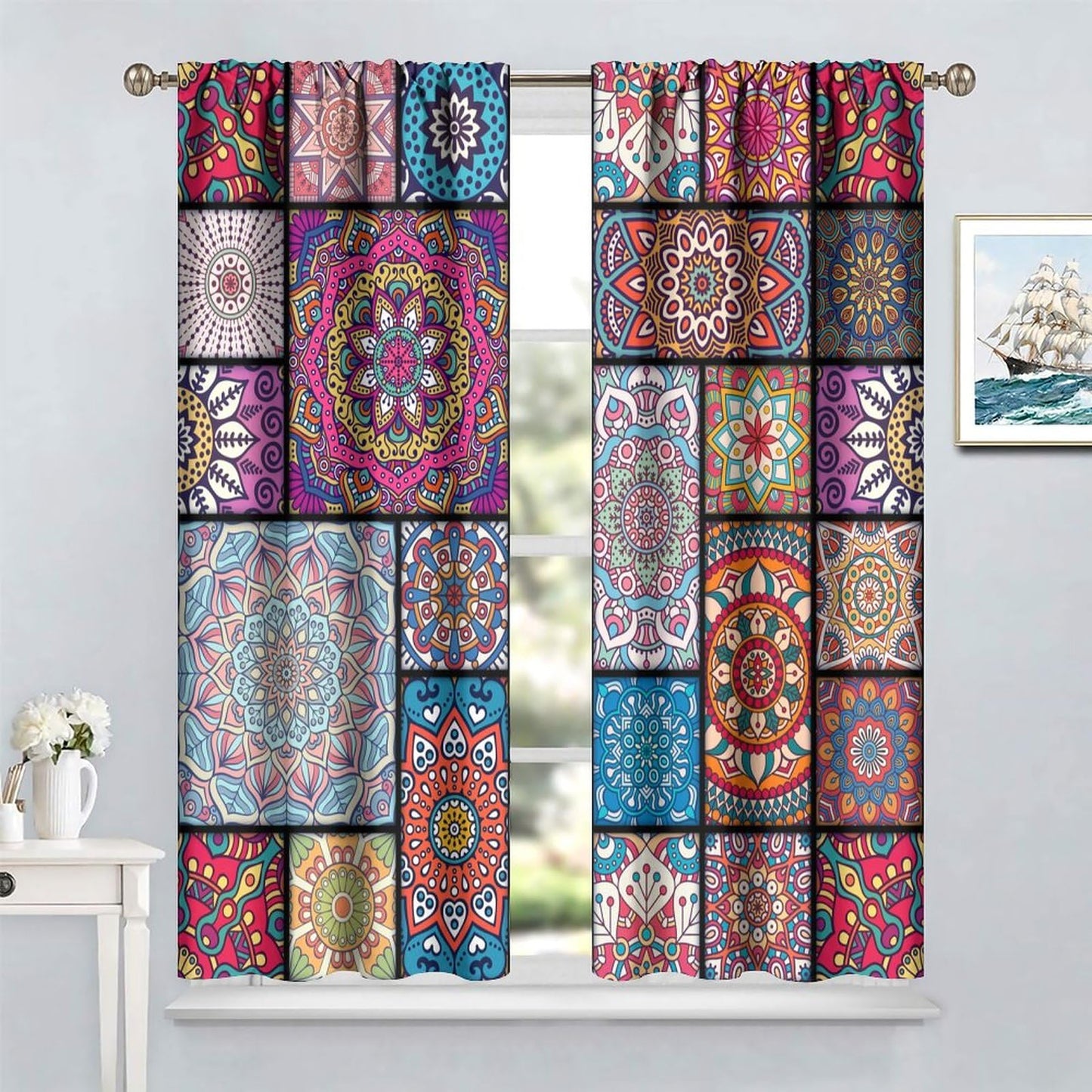 Boho Floral Blackout Curtains Abstract Bohemian Colorful Flower Theme Kitchen Art Deco Curtains Living Room Bedroom Apartment Insulation Noise Reduction Curtains 42x45 Inches 2 Panels (Pink)