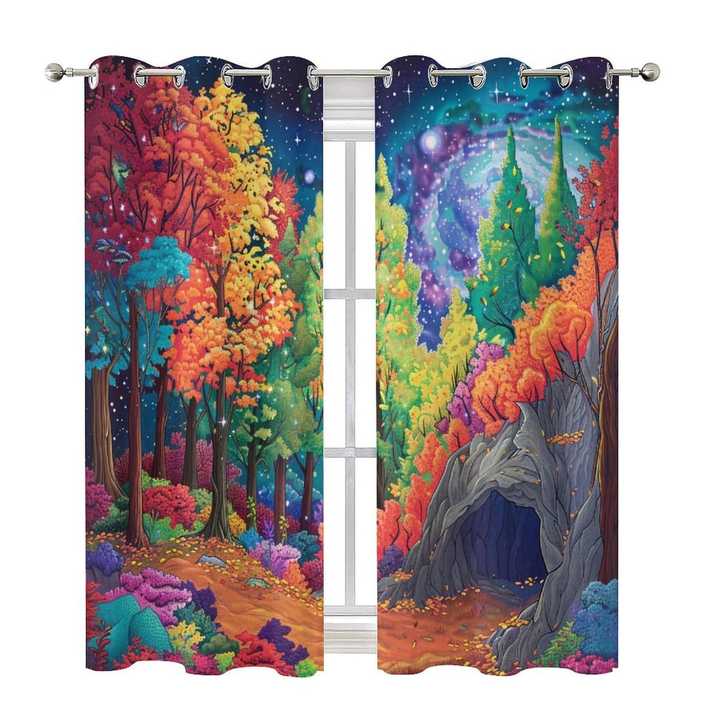 TOWINSFB Autumn Maple Leaves Blackout Curtains, Tree Leaf Forest Star Moon Grommet Thermal Insulated Curtains Window Drapes for Bedroom Living Room, 2 Panels, Each 21W x 63L