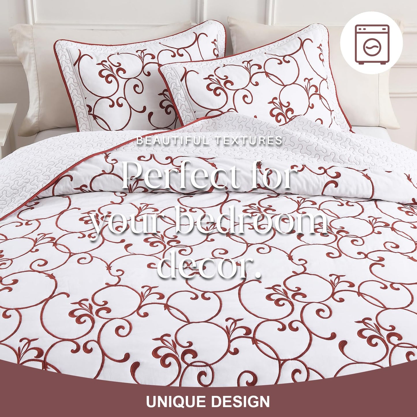 FineStichery Oversized Queen Bedspread 120"x102" - 100% Cotton Extra Large Quilt, Embroidered Bedspread Coverlet with Pillow Shams, Lightweight Quilted Bedding Set 3 Piece, Burgundy/White