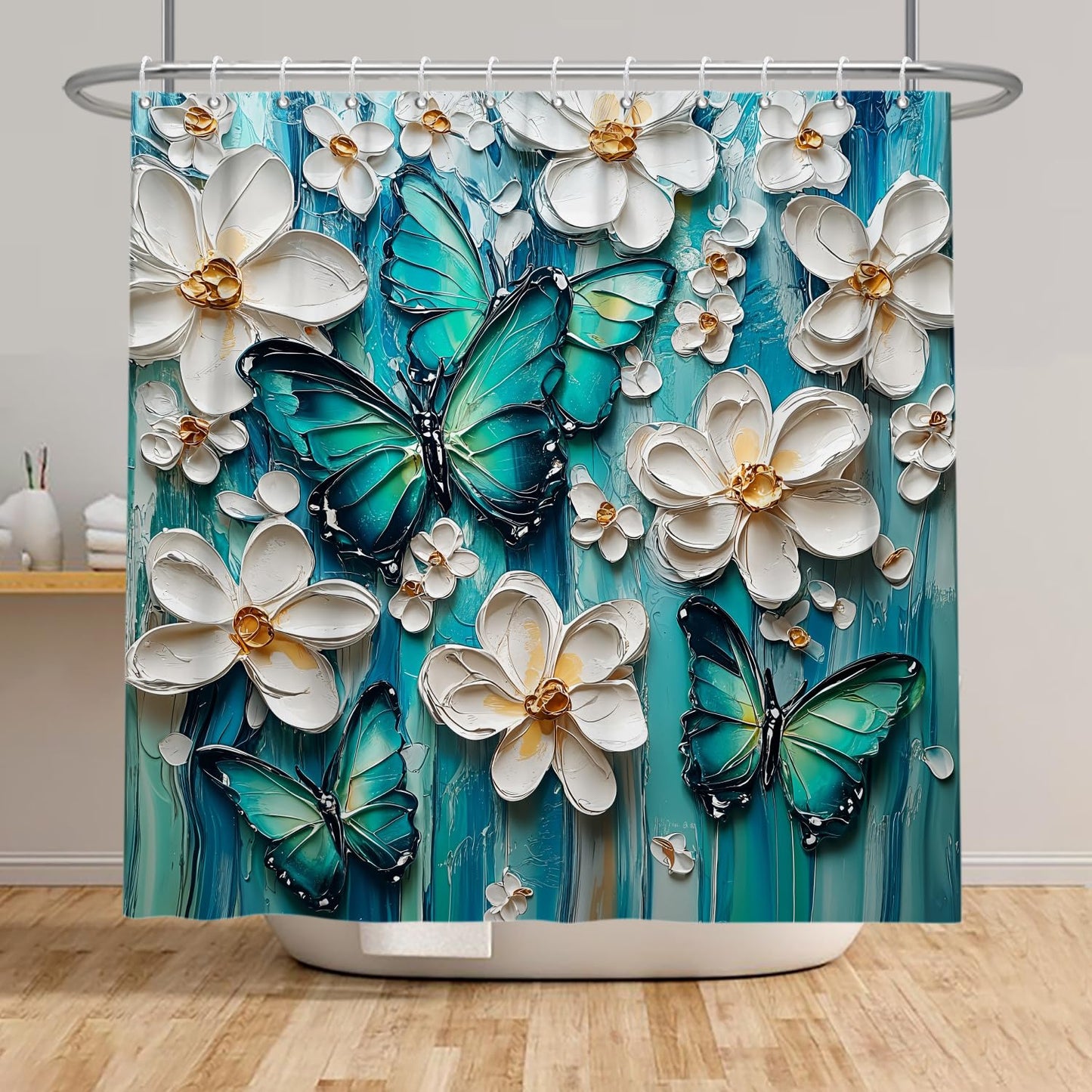 Pnylzzyxh Butterfly Shower Curtain Green Blue Oil Painting White Boho Flowers Bathroom Curtains Rustic Farmhouse Floral Washable Shower Curtain Sets 72x72 in with 12 Hooks