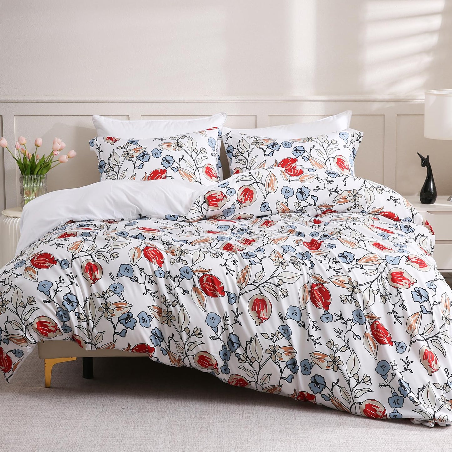LONAVA Queen Flower 3 Pcs Duvet Cover Set, Breathable Soft Microfiber White Lining Comforter Cover with Zipper Closure, and 2 Anti-Pilling, Fade Resistant Pillowcases, Red Bud