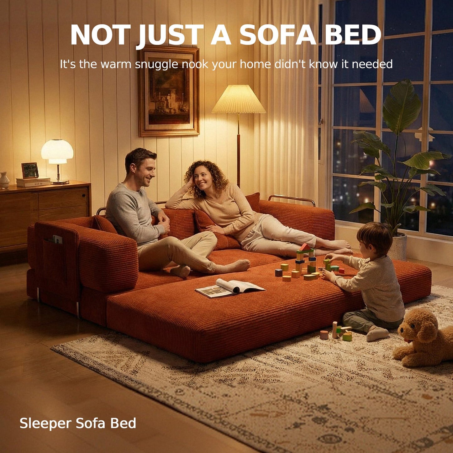 MoonSpeak 78.8''Sleeper Couch Bed for Livingroom,Convertible Modular Sofa with Armrest Pillow,Modular Fldable Corduroy Couches in a Box,No Assembly (Rust Red)