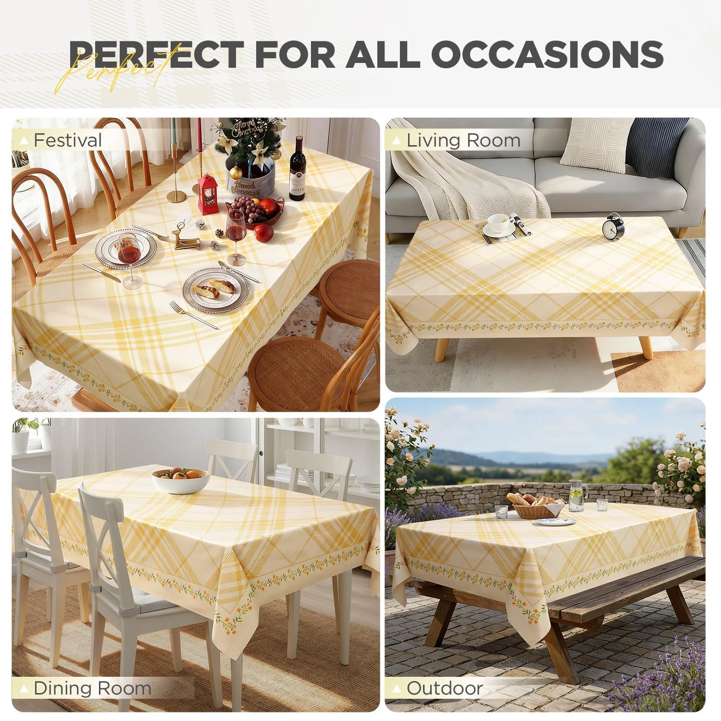 Quantum Love Heavy Duty Vinyl Tablecloths Rectangular Waterproof Plastic Yellow Table Cloth Wipeable Washable Table Cover for Dining Birthday Living Room Gathering (55'' x 78'',Lemon Stripe Check)