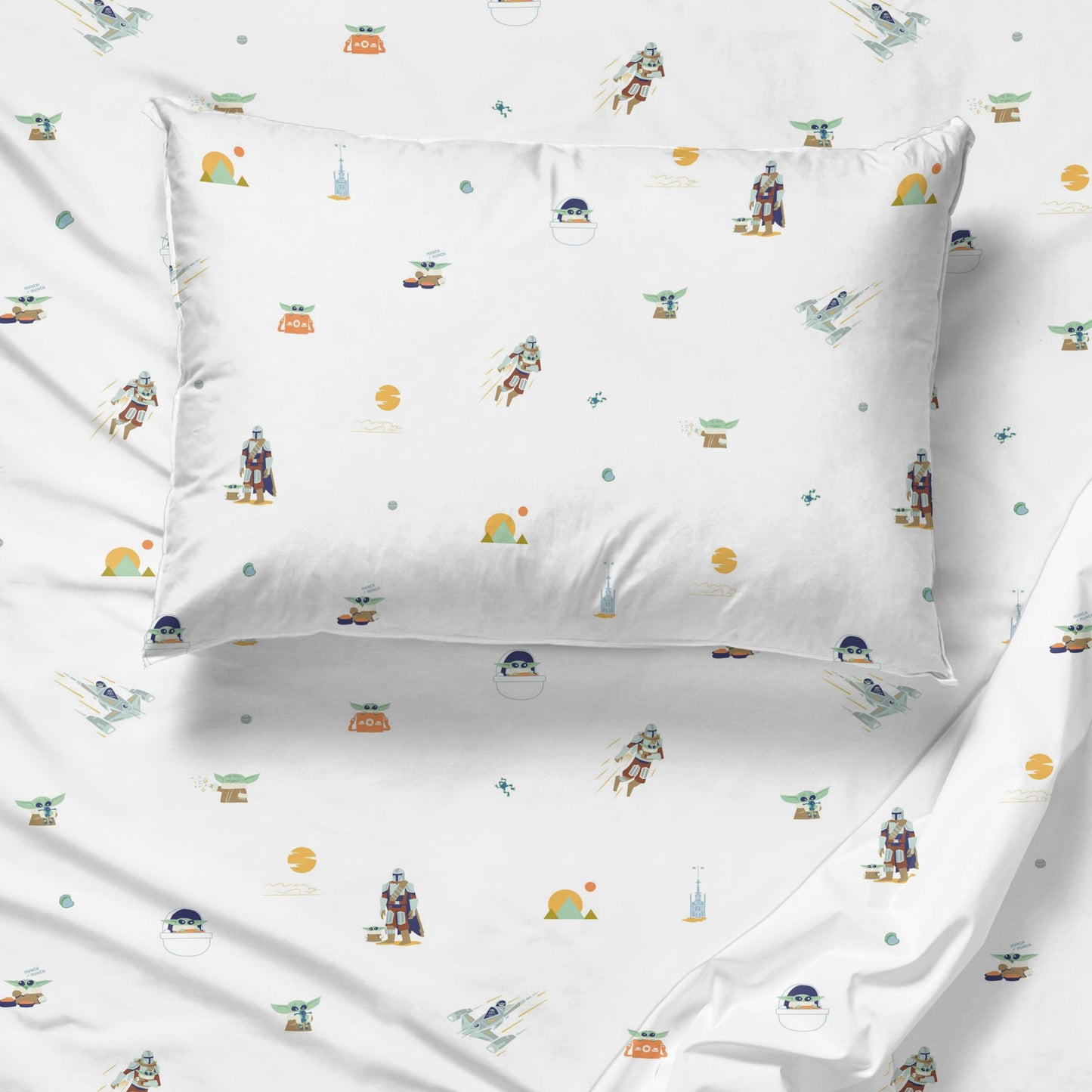 Sunny Side Up Kids Sheet Set with Fitted, Flat Sheets & Pillow Cover - Ultra-Soft Bedding with Pillowcase for Room Decor, White - Star Wars Mandalorian, 3 Piece Twin