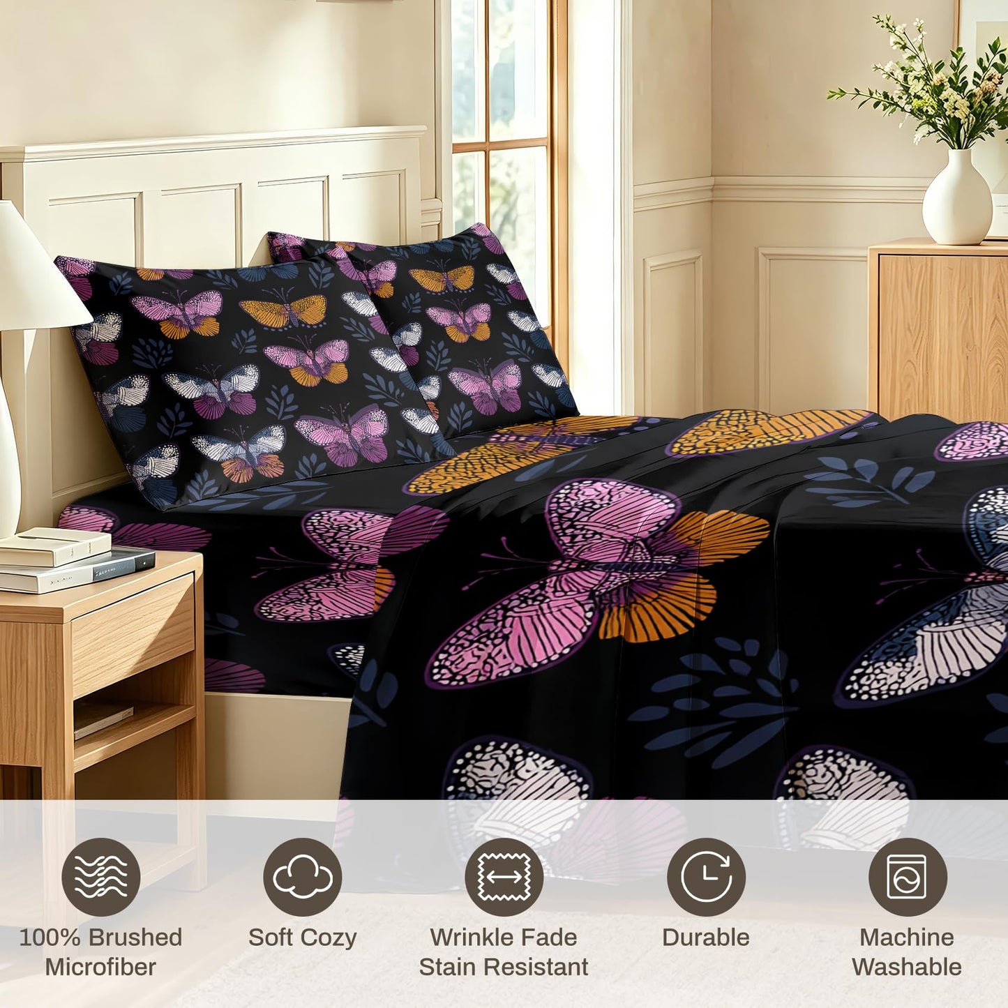 Butterfly King Sheet Set 4 Pcs Gothic Dark Bed Sheets