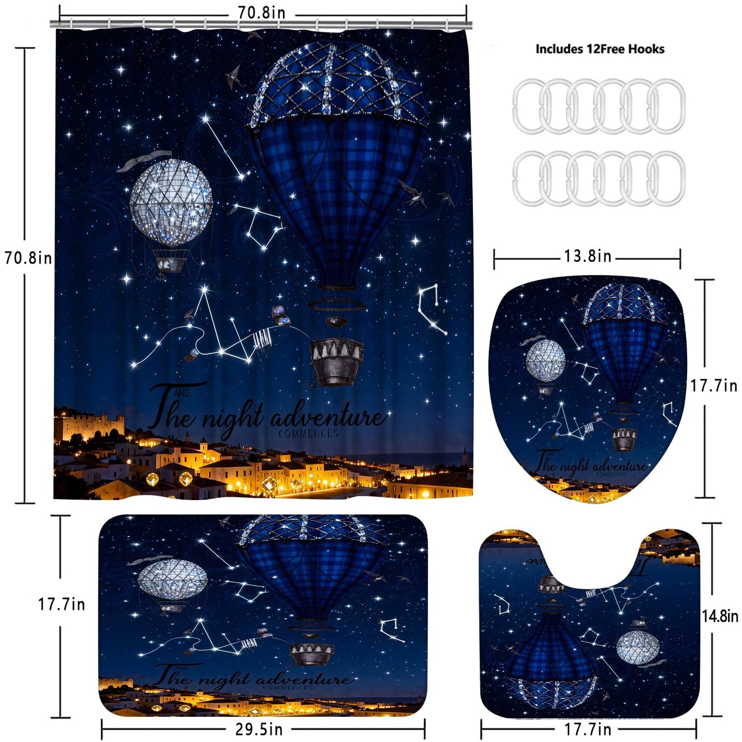 4 Piece Starry Night Shower Curtain Set with Rugs, Blue Hot Air Balloon Adventure Art Bathroom Decor, Waterproof Fabric Curtain with Non-Slip Bath Mats & Toilet Lid Cover, Romantic Night Sky Aesthetic