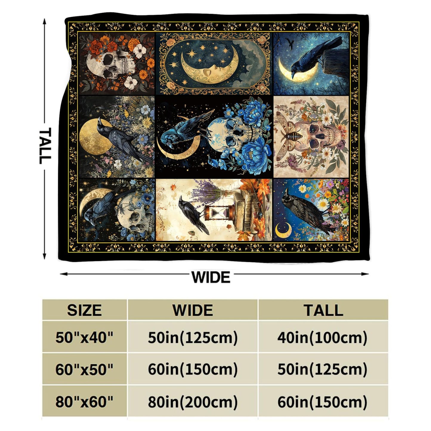 Gothic Raven Blanket Soft Fuzzy Fleece Skull Moon Crow Throw Blankets Decor Cozy Warm Plush Flannel Dark Floral Blanket Gifts for Girls Women Kids Adults Home Decor Stuff Sofa Couch Bed 50"X40"