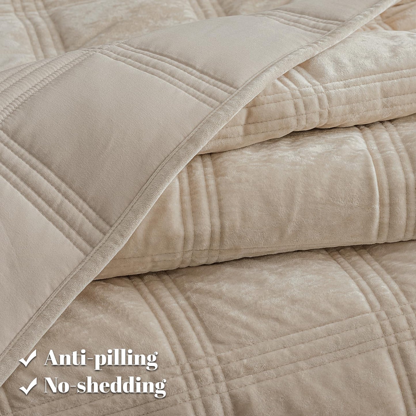 PHF Ultra Soft Velvet Quilt Set Queen Size – 3PCS Luxurious Cozy Quilted Comforter Alternative with Diamond Pattern, Warm Quilted Bedspread Coverlet, 90" x 92", Oxford Tan