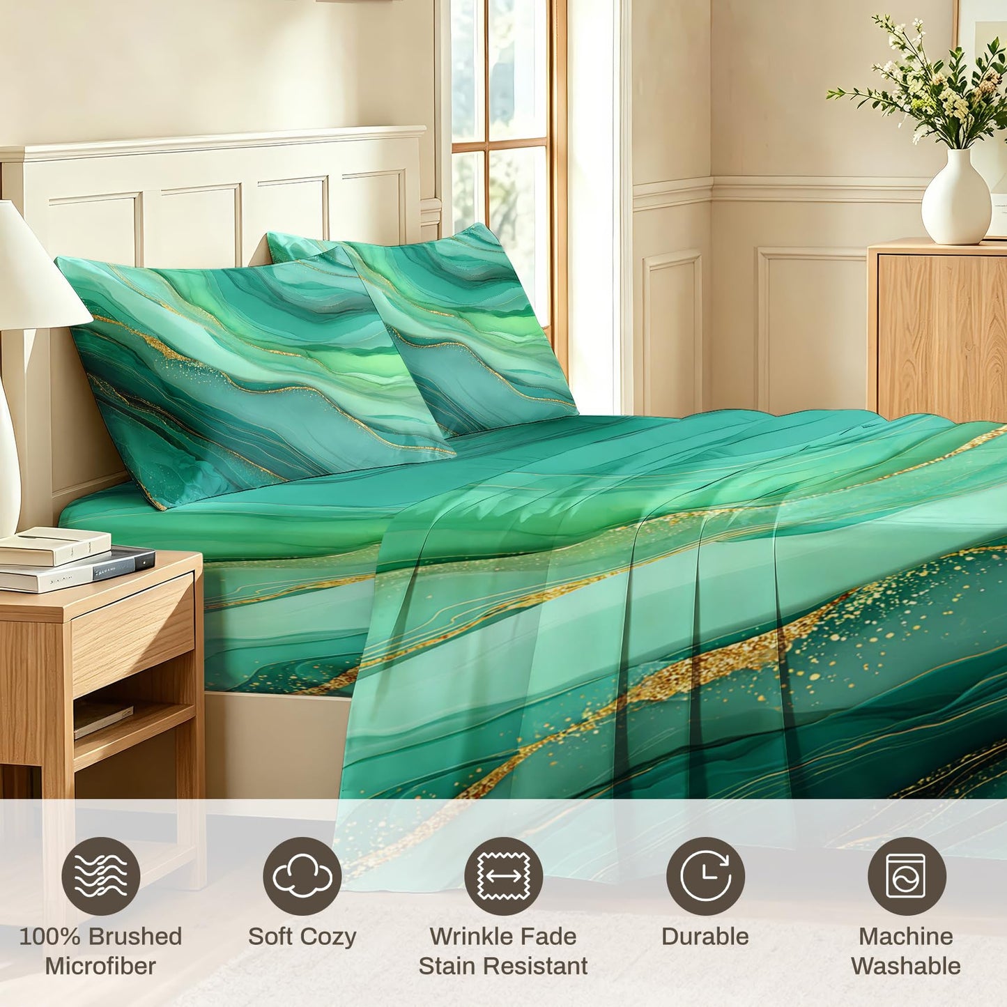 Green Full Sheet Set Marble Fluid Art Flat Fitted Sheet Sets, Green