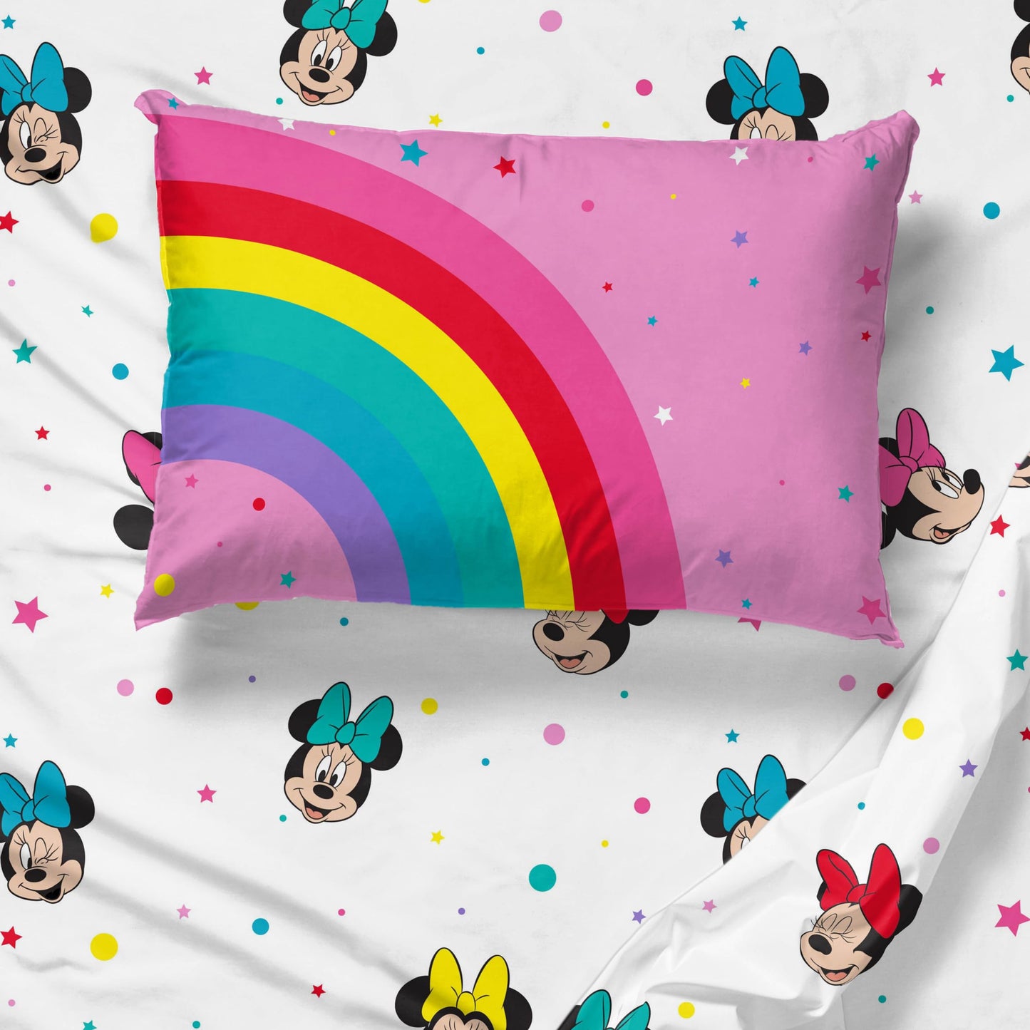 Sunny Side Up Disney Minnie Mouse Twin Sheet Set - 3 Piece Kids Bedding Set Includes Pillow Cover - Super Soft Rainbow Dots Microfiber Sheets