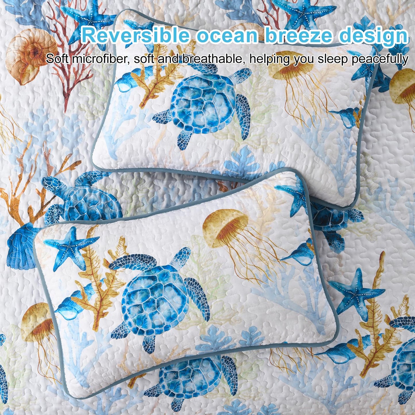 DJY Coastal Quilt Set King Size 3 Piece,Summer Beach Bedspread Coverlet Lightweight Green Ocean Turtle Theme Bedding Set,All Season Reversible Microfiber Thin Bed Set with Shams 110"×90"
