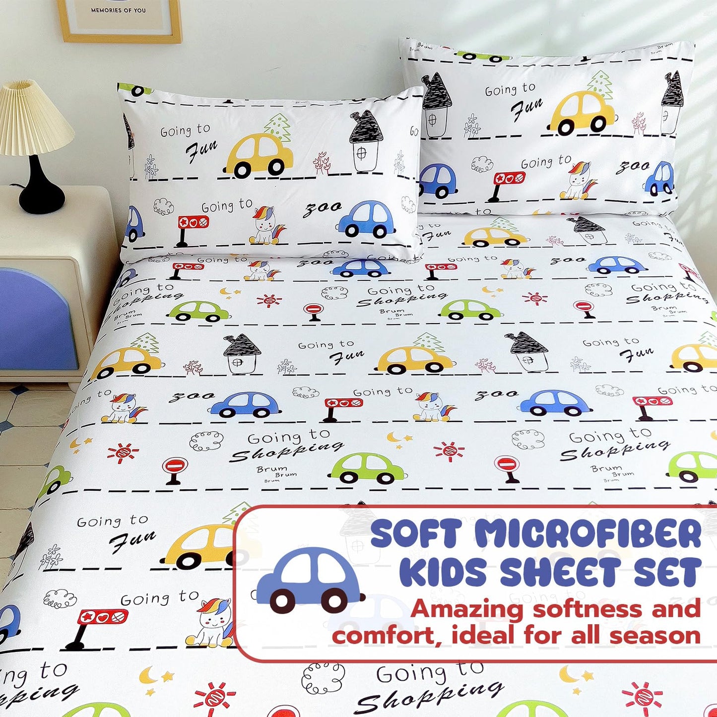 Homilay Full Sheet Set Kids - Car 4 Pieces Soft Microfiber Cartoon Style Bedsheets for Boys Girls Teens, Oeko TEX Breathable 15 Inch Deep Pocket Sheets(Unicorn Town)