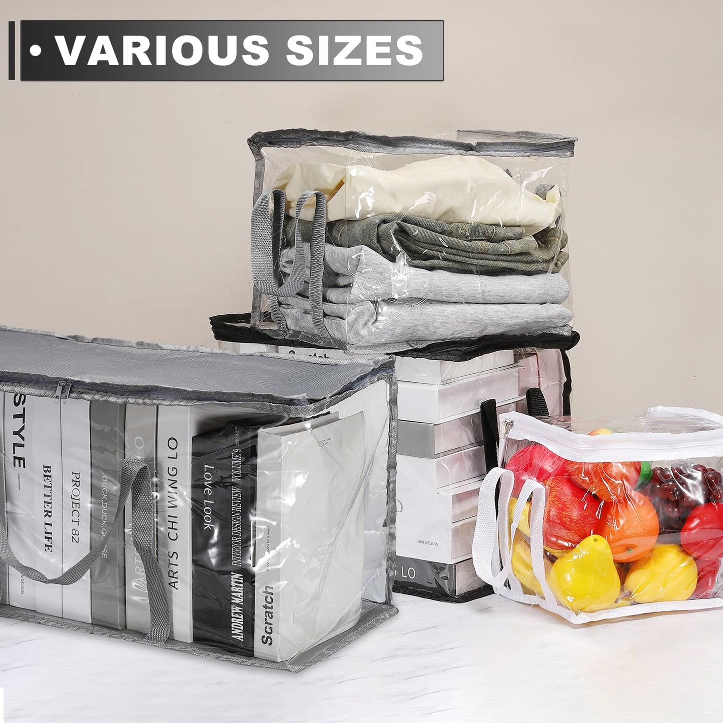 PATIKIL 25.6x7.9x23.6in Clear Storage Bags, Plastic Storage Bags Clear Large Zippered Organizers Foldable Closet Bed Sheet Organizer Cube with Zipper Handles for Book Clothes Yarn,XL,Black