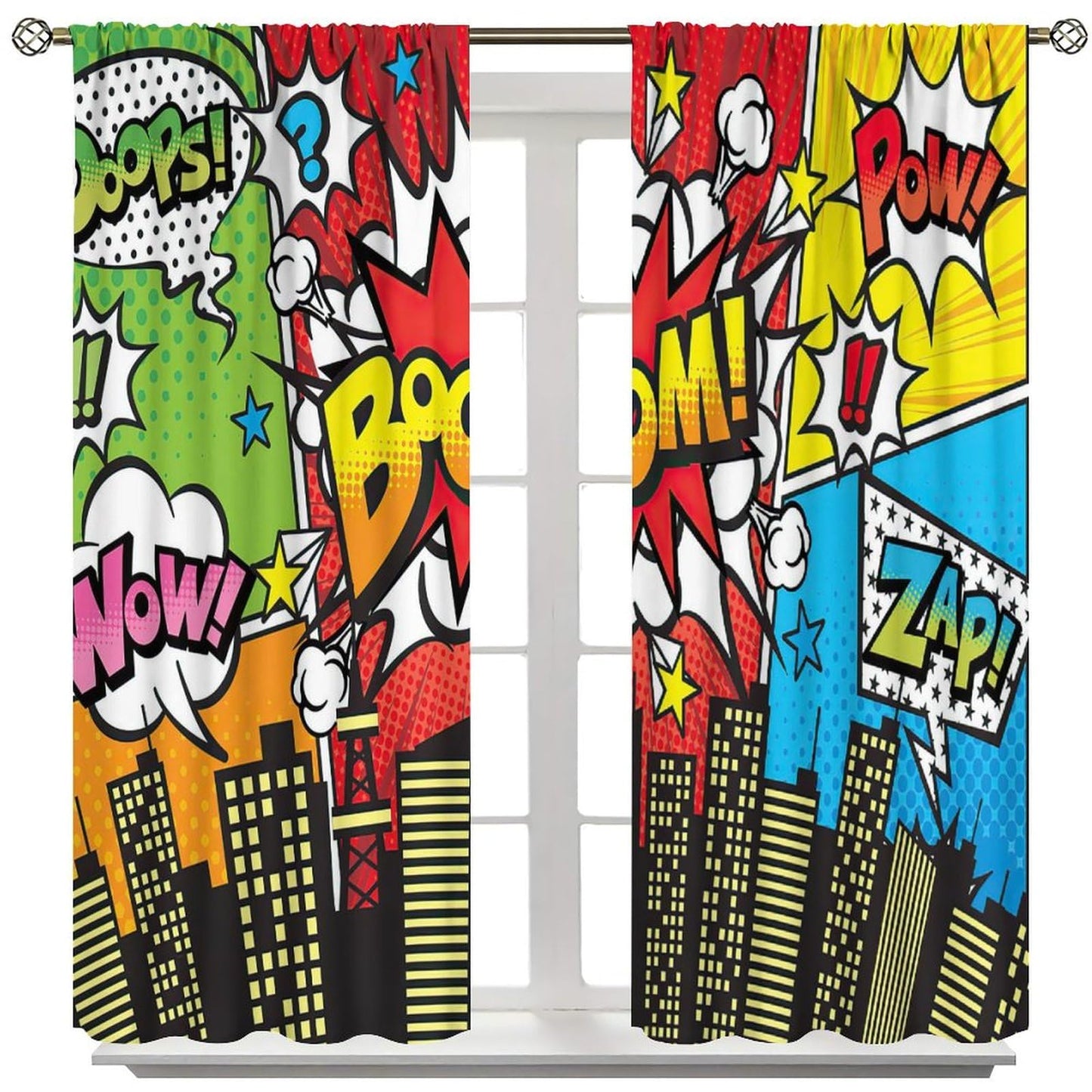 Nanacur Super City Hero Decor Curtains, City Skyline Buildings Cityscape Pattern Printed Window Drapes, for Kid Teens Girls Boys Young Man Living Room Bedroom 21(W)*45(L) 2 Panels (Decorative)